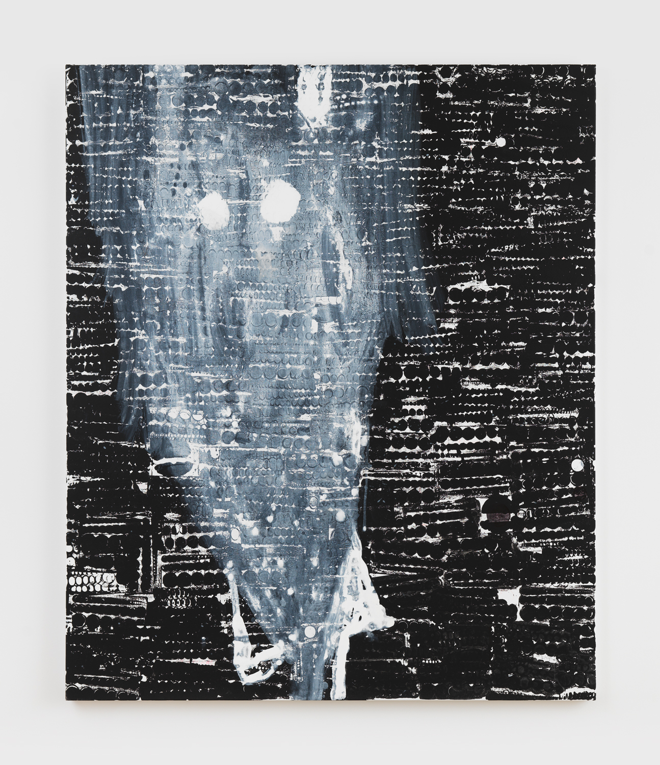 Janis Provisor, Come Closer, 2025, Watercolor, black gesso, pen, pencil, and crayon on linen, 74 x 62 in.