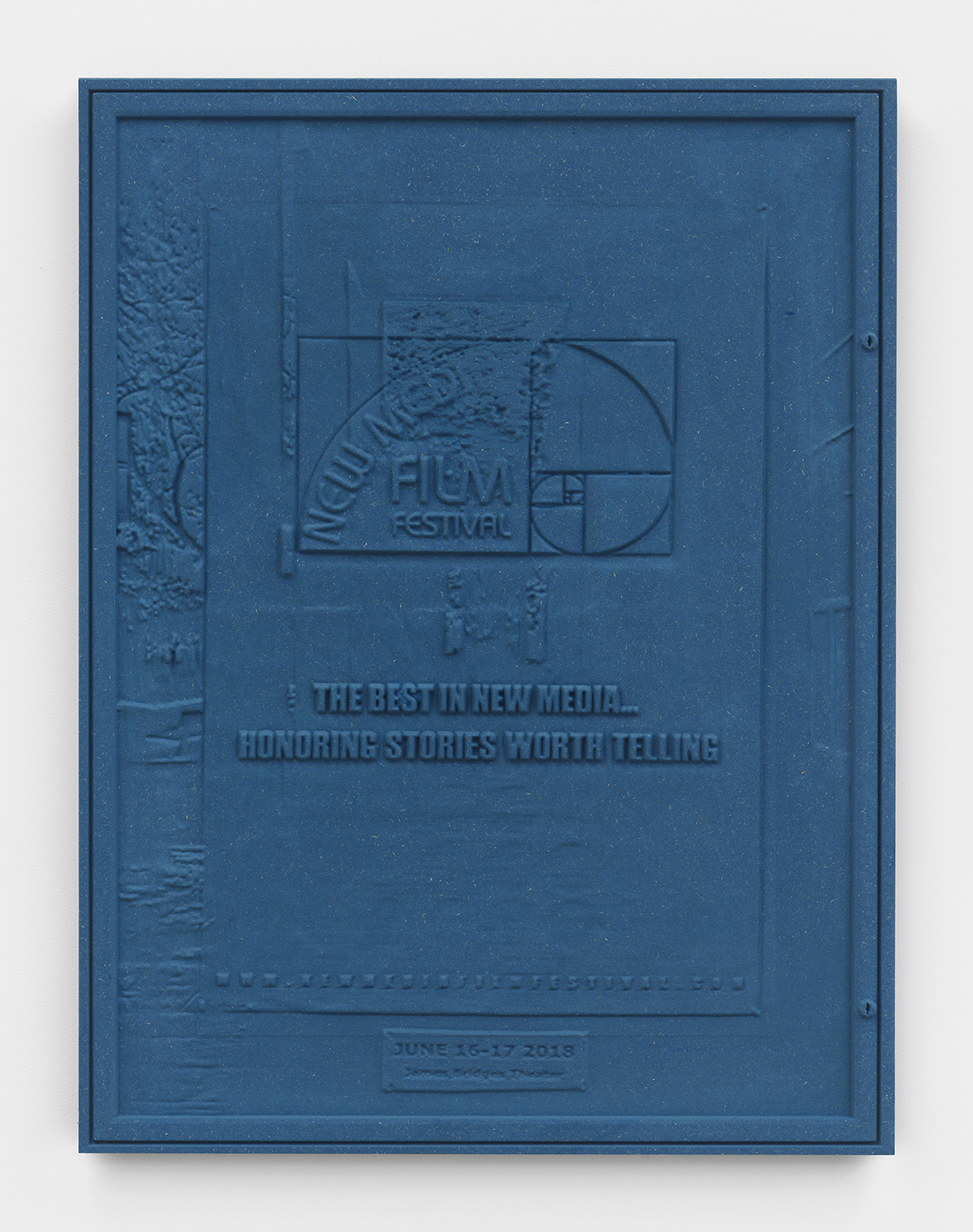Jennifer Bolande, Bulletin Board (with film festival poster), 2018, Pigmented high density composite, 34.25h x 26w x 1.50d in.