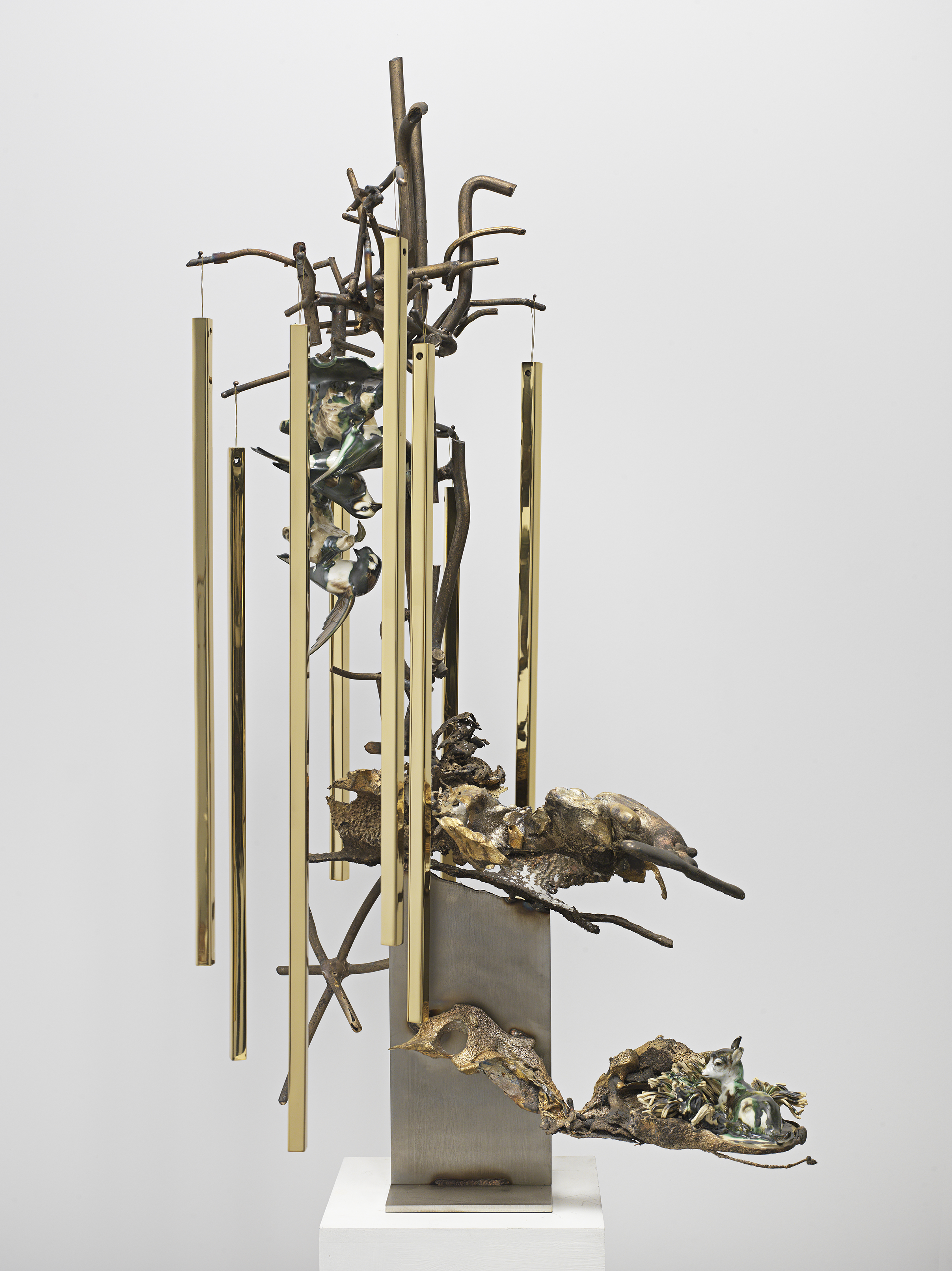 Jon Kessler, The Shimmering Cove, 2024, Stainless steel, bronze, brass, glazed stoneware and porcelain figurines 44 x 20 x 18 in.