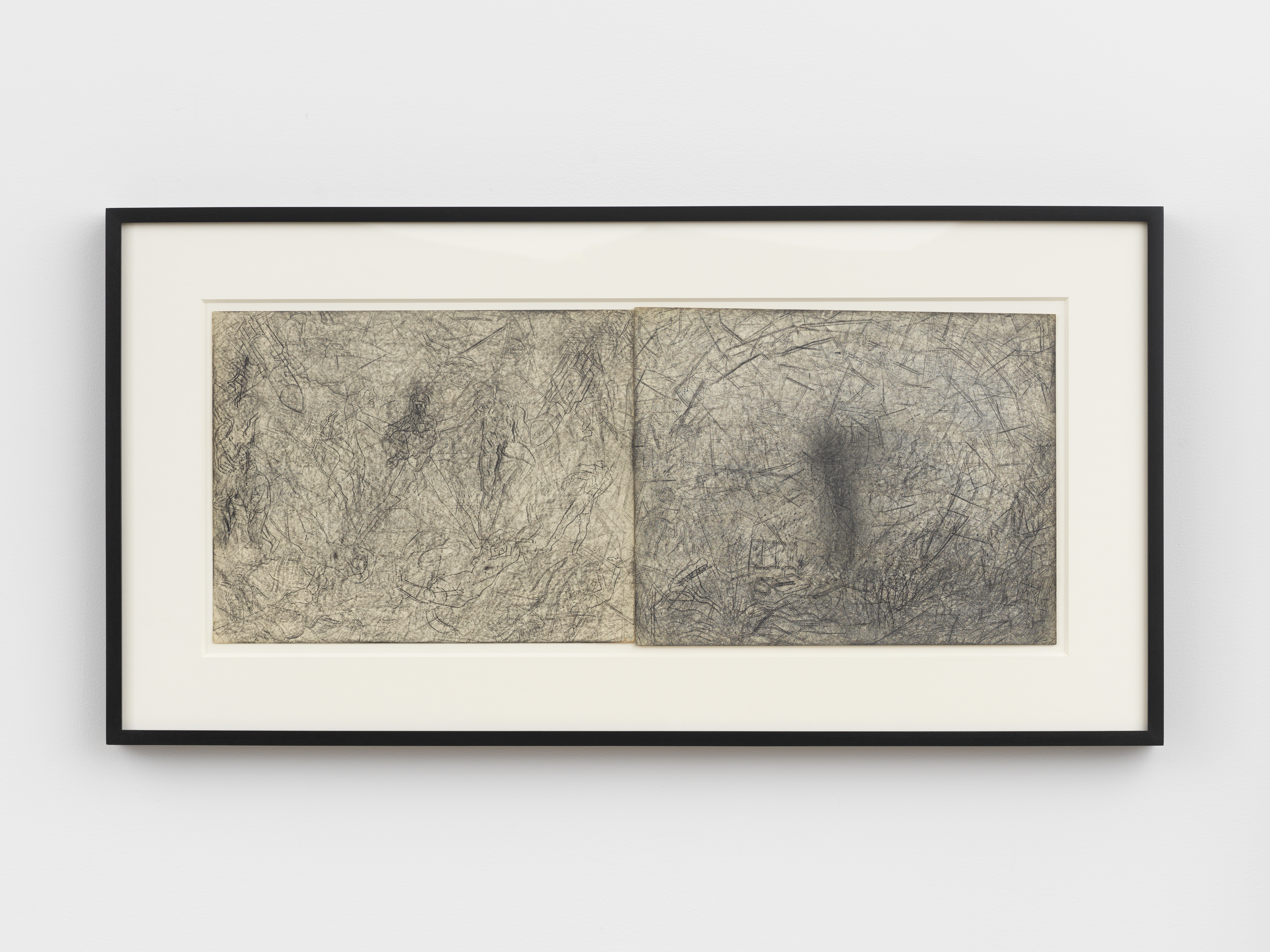 Joseph Nechvatal, Destruction, 1981, Graphite on paper, Diptych, Overall: 11 x 28 in., Individual: 11 x 14 in., Framed: 17 3/4 x 34 3/4 x 1 1/2 in.