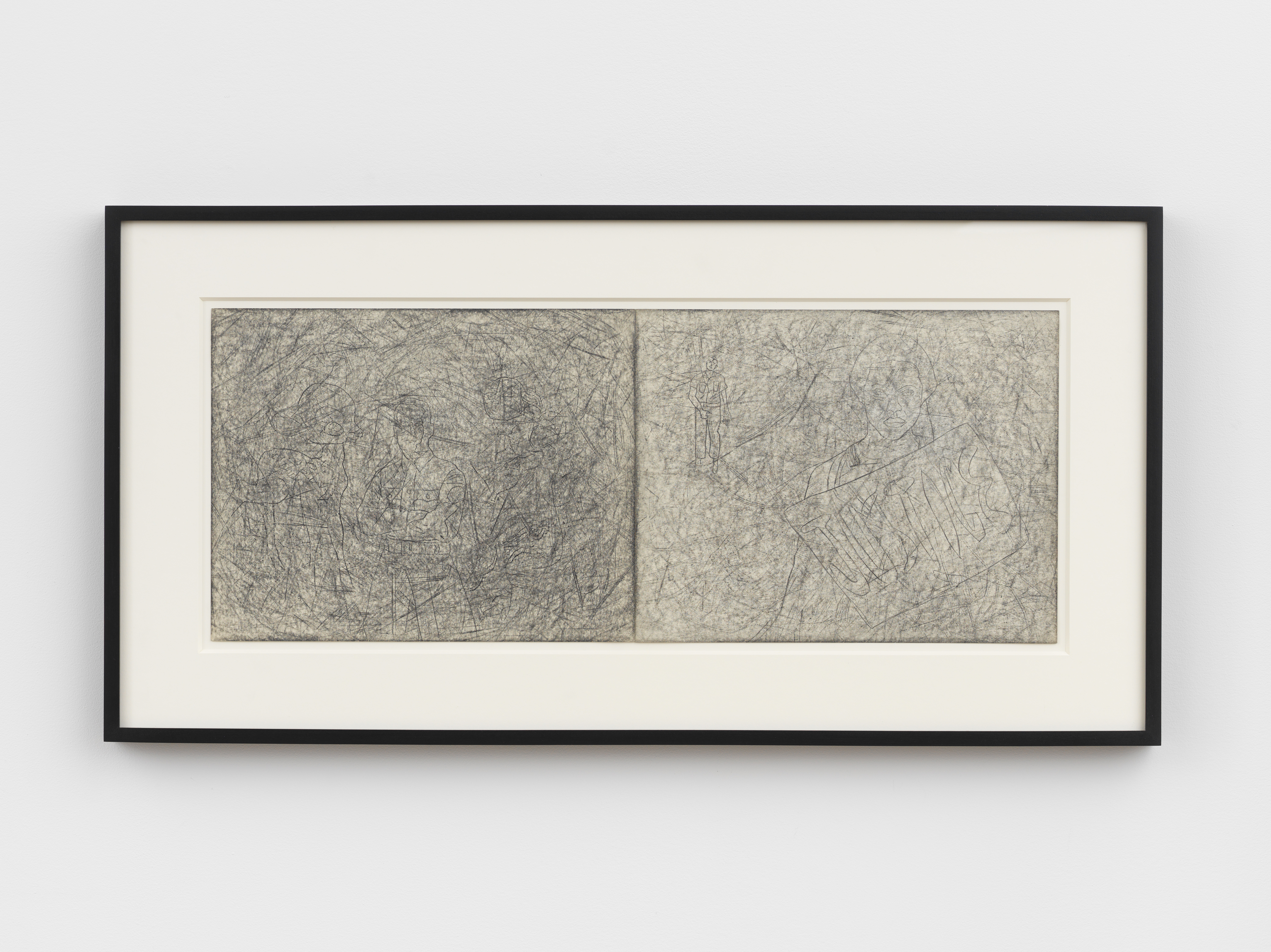 Joseph Nechvatal, False Friends, 1982, Graphite on paper, Diptych, Overall: 11 x 28 in., Individual: 11 x 14 in., Framed: 17 3/4 x 34 3/4 x 1 1/2 in.