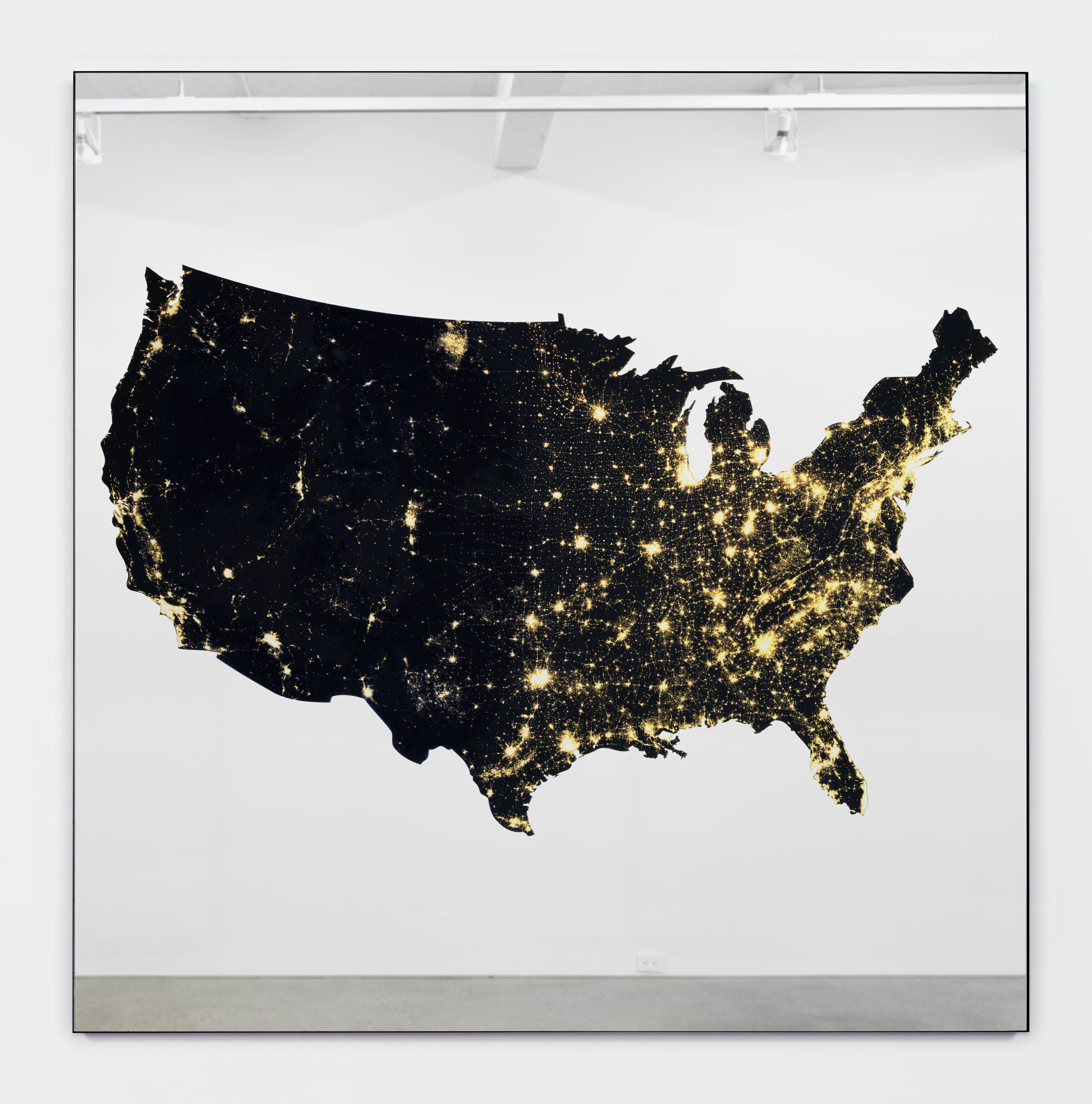 Ken Lum, America at Night,  2021, Canon LED curable inks, mirror, aluminum, 72h x 72w in.