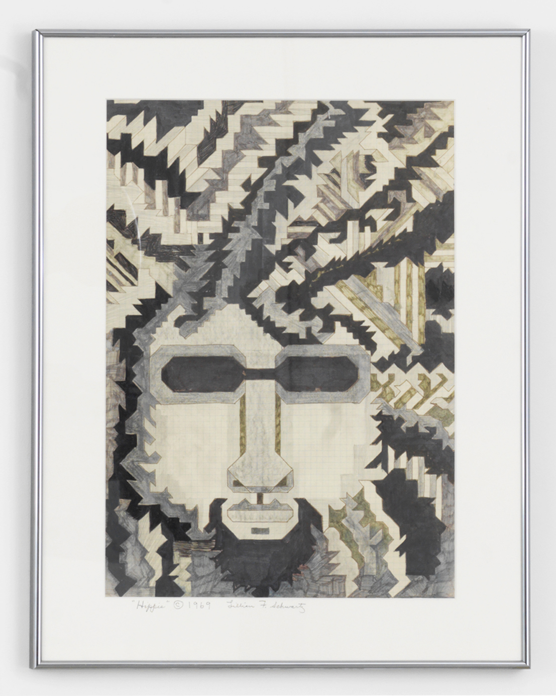 Lillian Schwartz, Hippie, 1969, black marker, graphite, crayon, framed: 27h x 21w in.