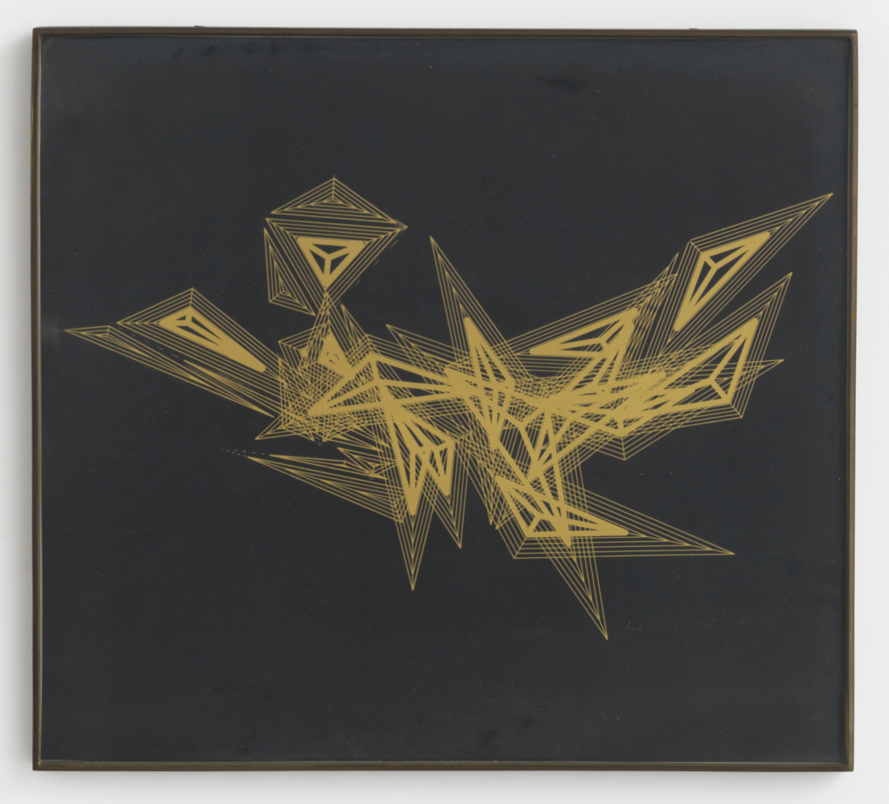Lillian Schwartz, Charms, 1970, gold integrated circuit, framed: 18.25h x 20.38w in.