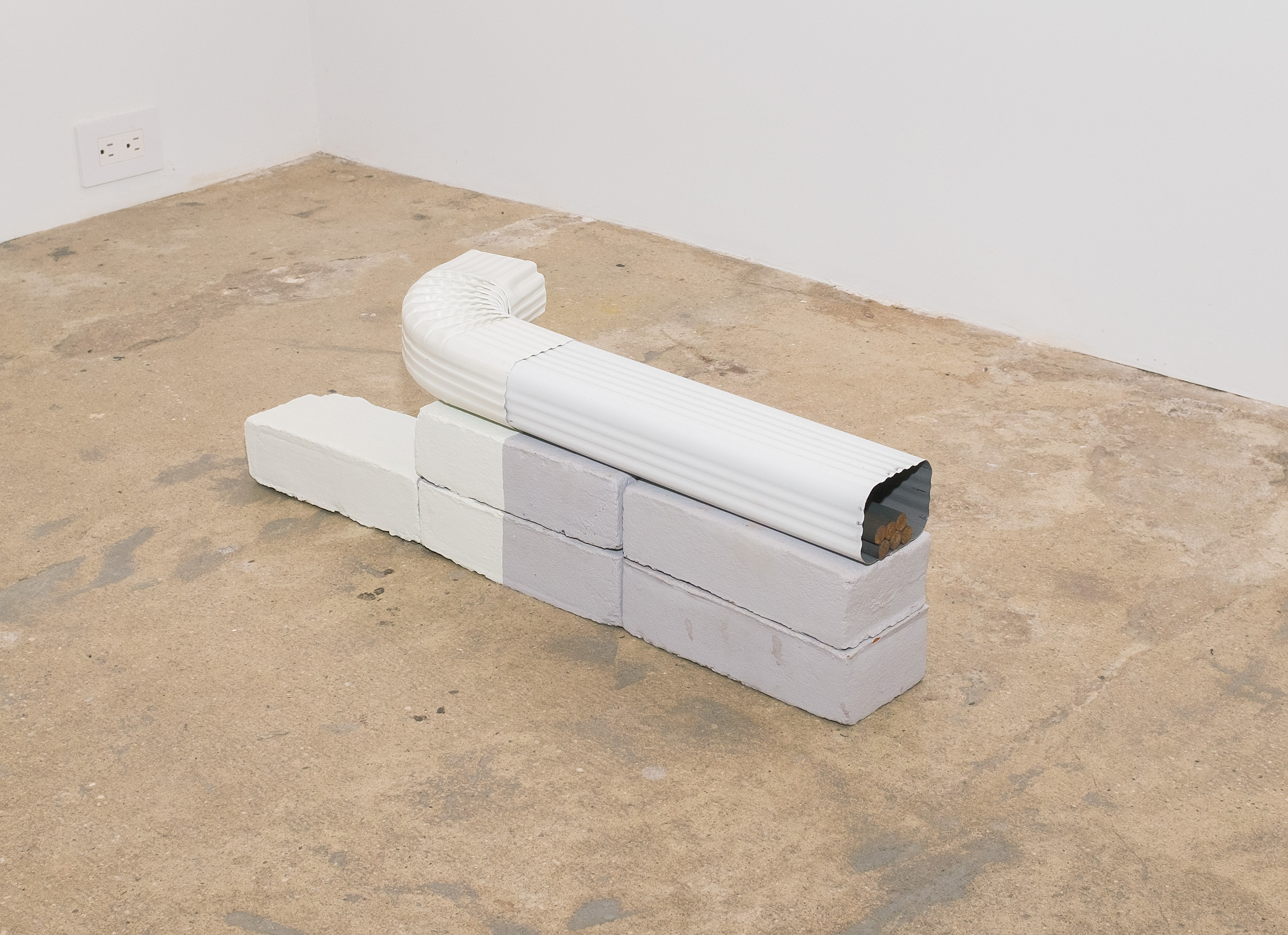 Linnea Kniaz, Bone Linen Sequence, 2019, aluminum downspout, acrylic, steel rod, and brick, 7h x 3.50w x 24d in.