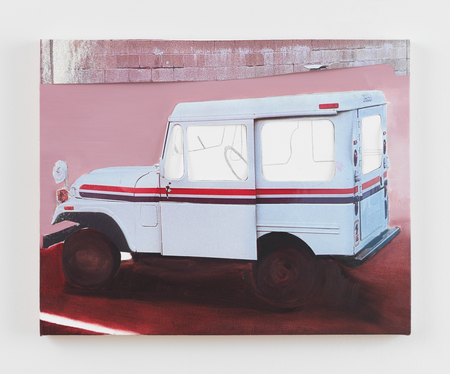 Matt Keegan, Mail Truck, 2025, Oil and inkjet print on photo paper, adhered with beva-gel on canvas, 16 x 20 in.