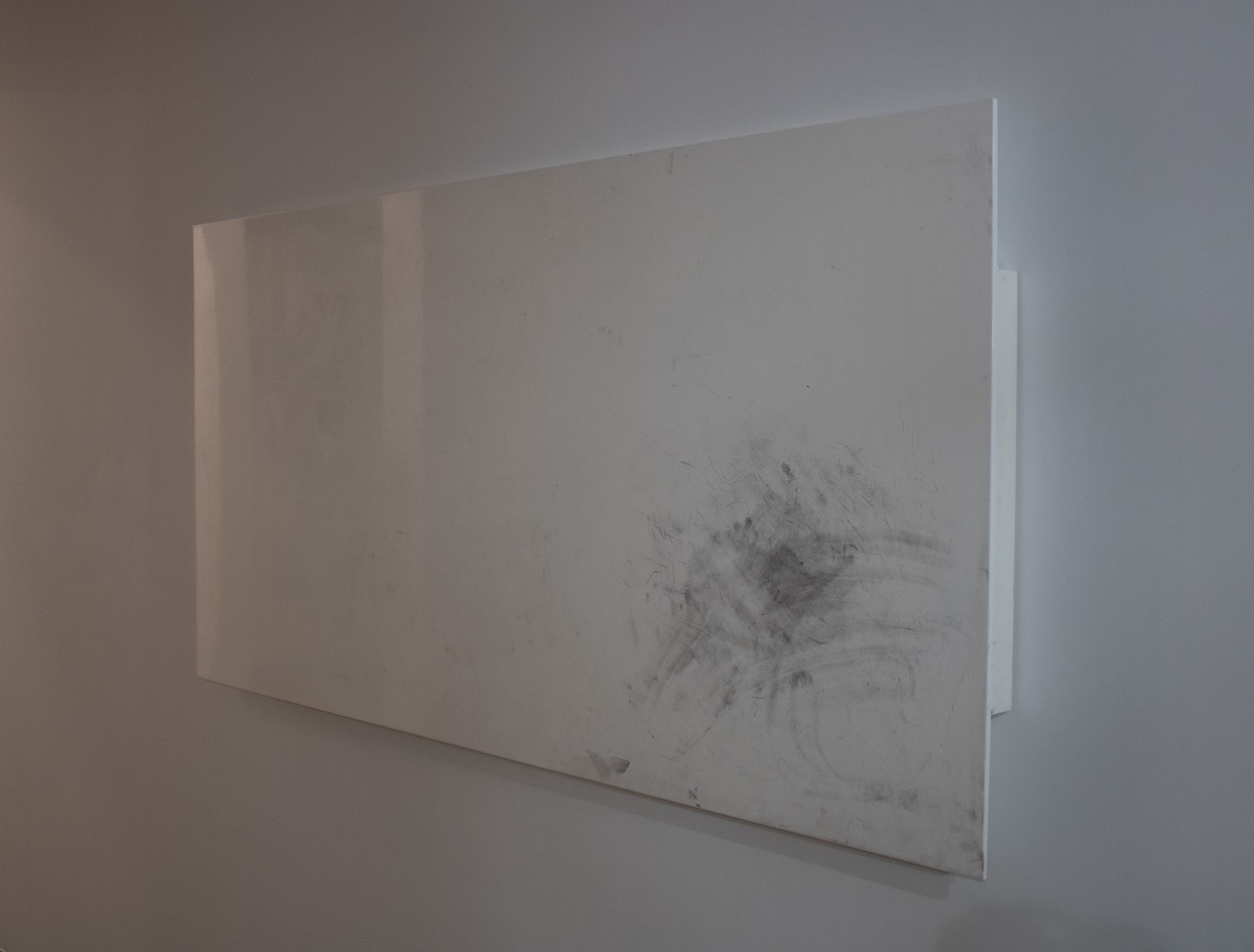 Liza Lacroix, Looking forward to our next meeting, 2024, Charcoal and graphite on laminated wood, 36 x 72 in.