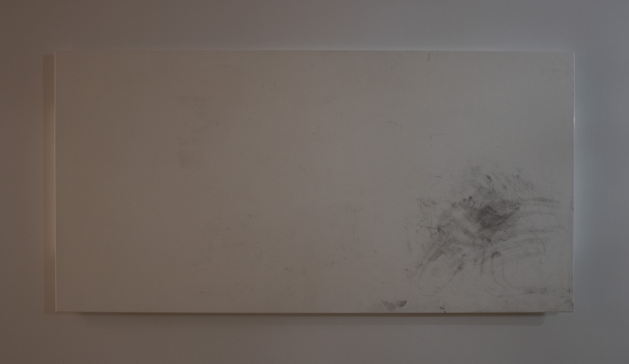 Liza Lacroix, Looking forward to our next meeting, 2024, Charcoal and graphite on laminated wood, 36 x 72 in.