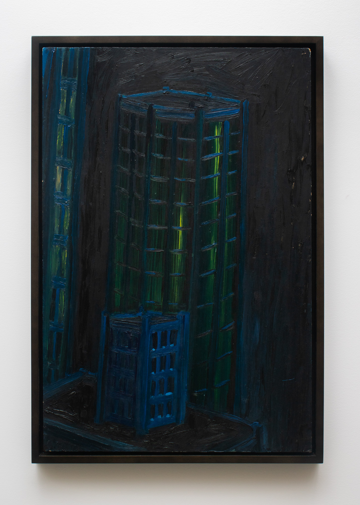 Martha Diamond, Study for 'Center City', 1982, Oil on masonite, 28 1/2 x 19 1/2 x 1 1/2 in. Exhibited in Martha Diamond: Night Lights, Magenta Plains, New York, NY, November 5–December 17, 2022.