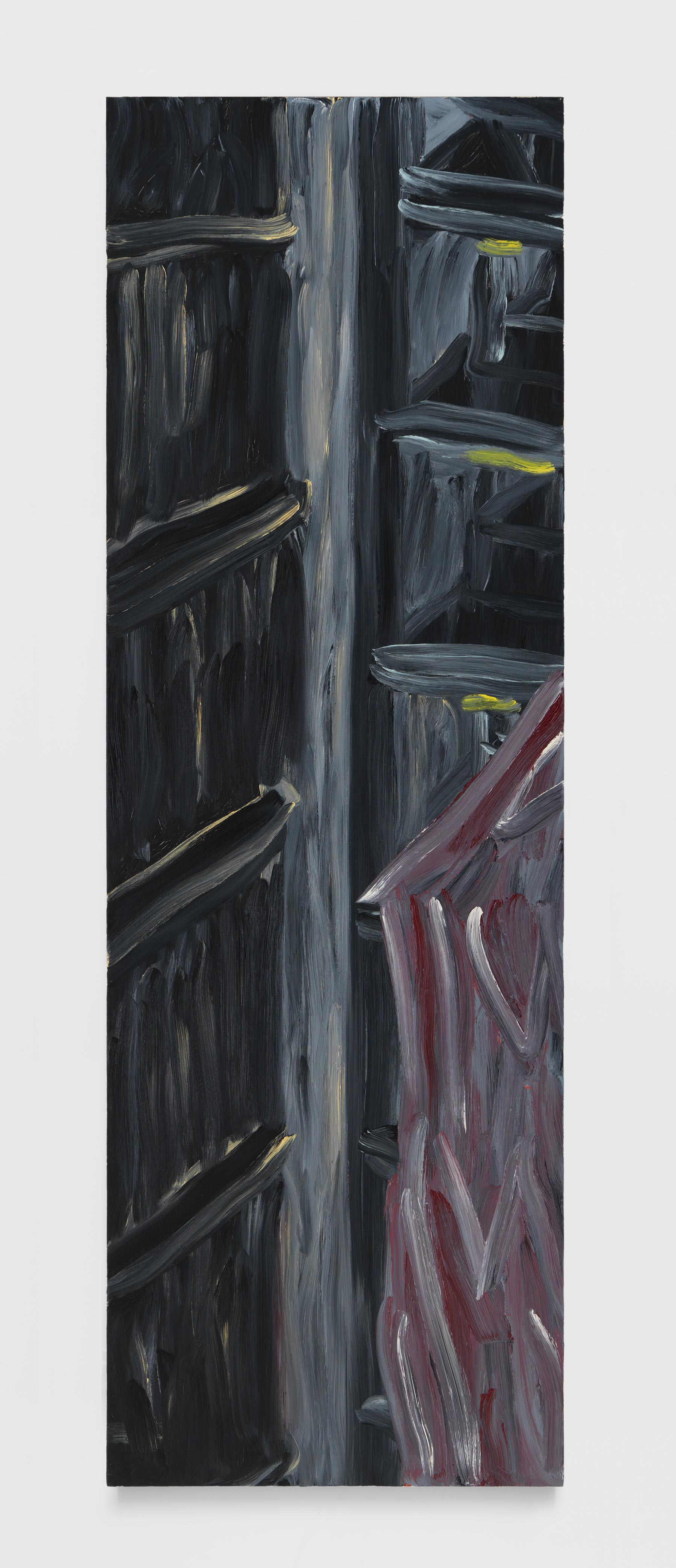 Martha Diamond, Night Scene, 1985, Oil on linen, 90 x 30 in. Exhibited in Martha Diamond: Night Lights, Magenta Plains, New York, NY, November 5–December 17, 2022.