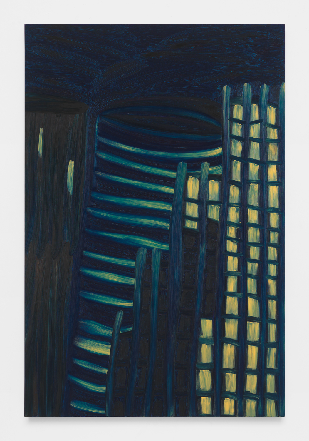 Martha Diamond, Moonlight / City View #2, 1981, Oil on linen, 84h x 56w in, Exhibited in Martha Diamond: 1980–1989, Magenta Plains, New York, NY, January 13–February 27, 2021.