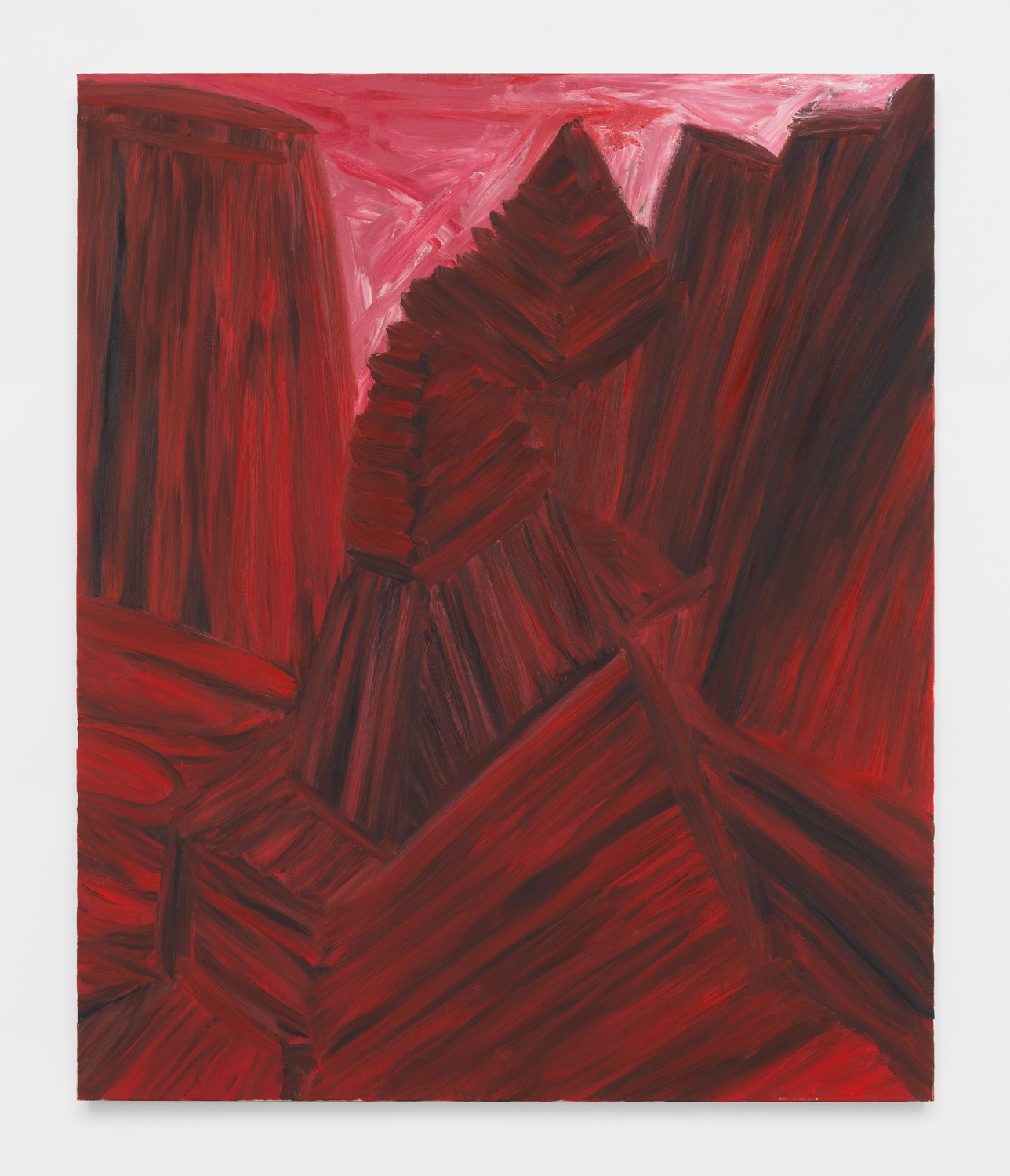 Martha Diamond, Red Cityscape, 1989, Oil on linen, 72h x 60w in, Exhibited in Martha Diamond: 1980–1989, Magenta Plains, New York, NY, January 13–February 27, 2021.
