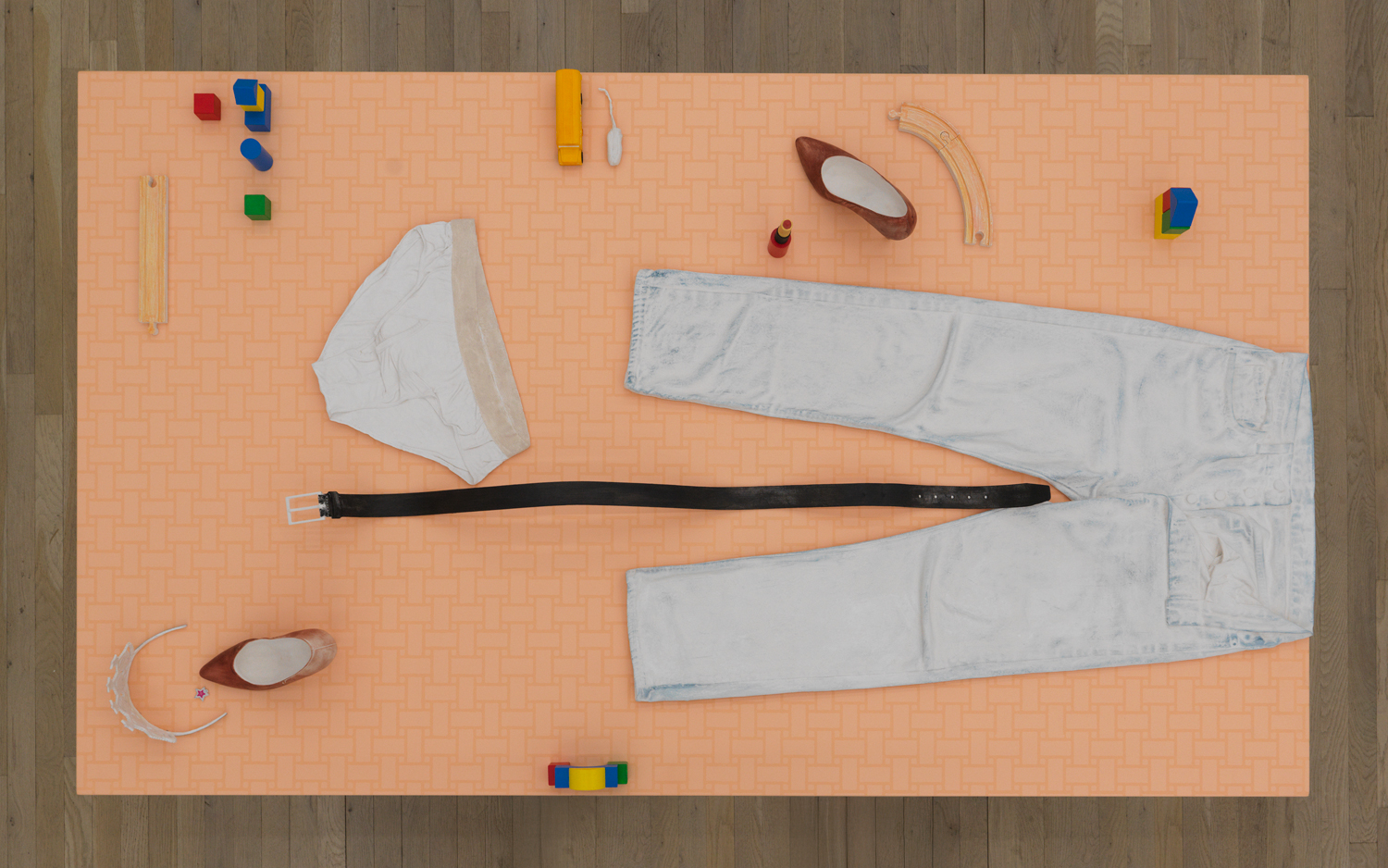 Matt Keegan, A Table and Grid, 2024, Spray-finished and silkscreened steel tabletop on spray-finished saw-horses Cast and pigmented Aqua resin with oil paint, latex paint, gouache, colored pencil, paint marker, and synthetic indigo pigment, Dimensions variable.