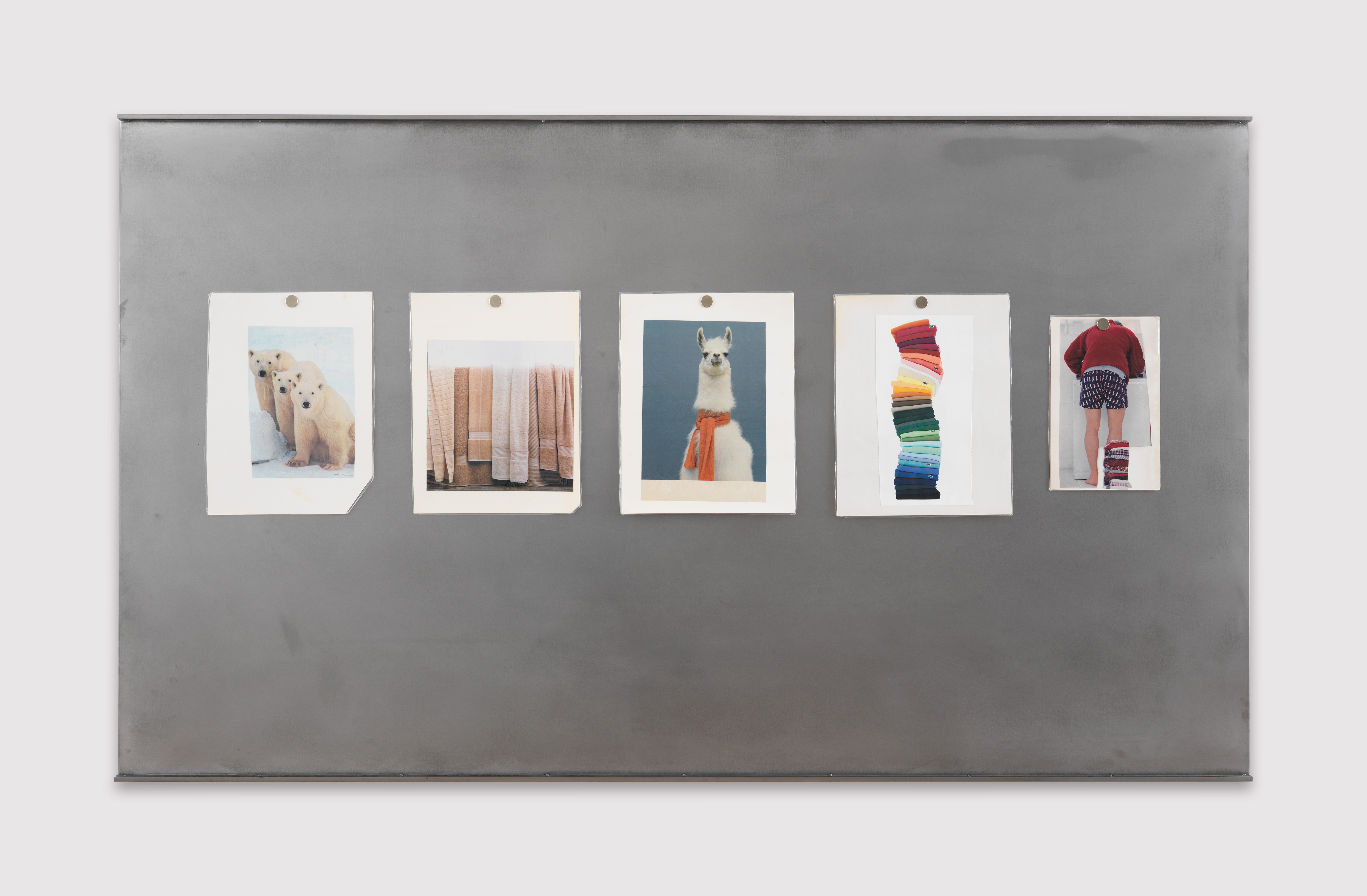 Matt Keegan, Polar Bears to Laundry, 2024, Flashcards handmade by the artist's mother with magnets and steel, 42 x 72 x 2 in.