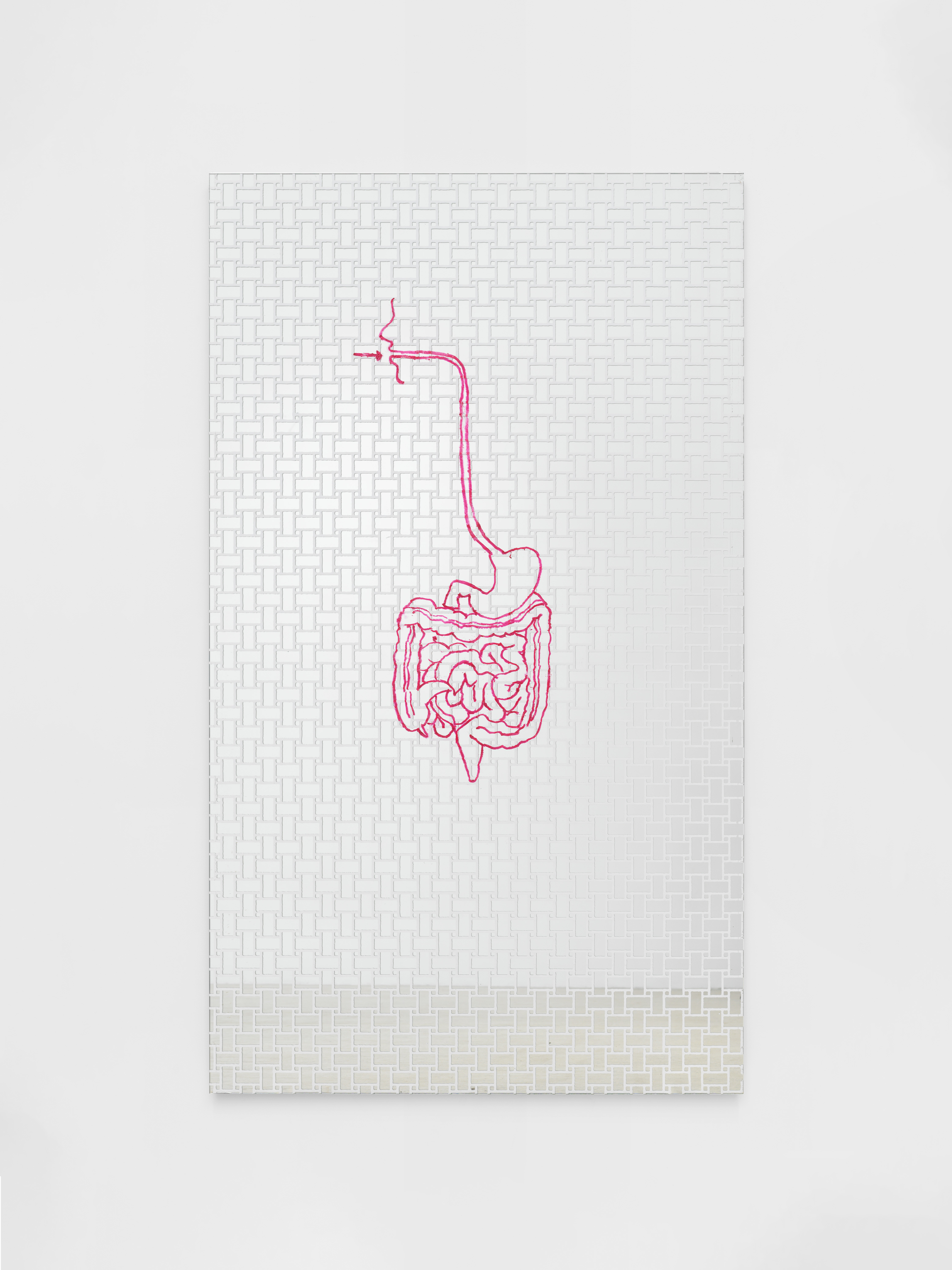 Matt Keegan, Mirror, 2025, Silkscreen on mirror with hardware and Revlon, Super Lustrous, Lipstick Creme, 775 Super Red, 73 x 3 x 43 1/2 in.