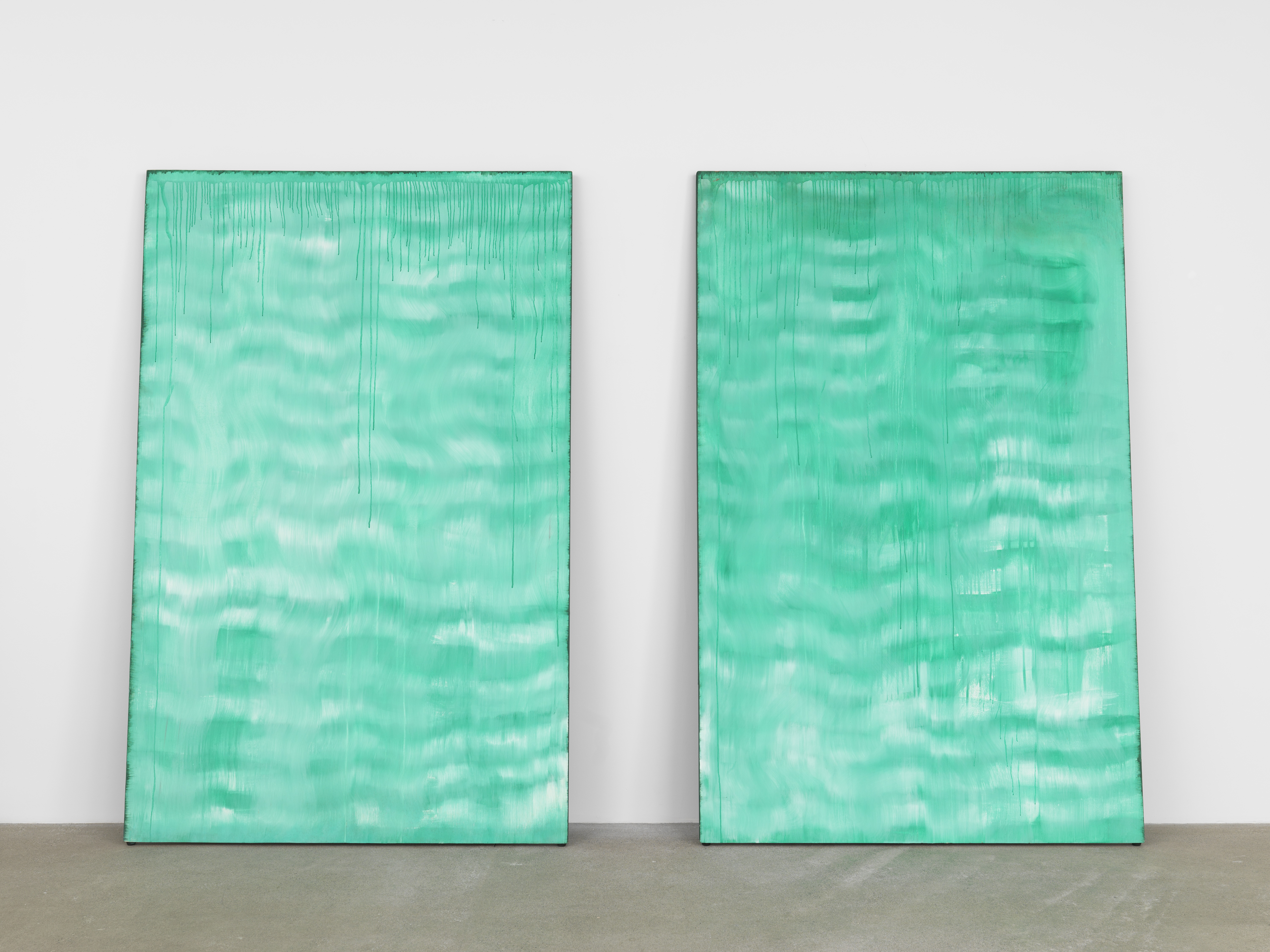 Moira Dryer, two panels, blue-green, wavy, 1987-88, Casein on wood, Each panel: 79 1/4 x 51 x 2 1/2 in.