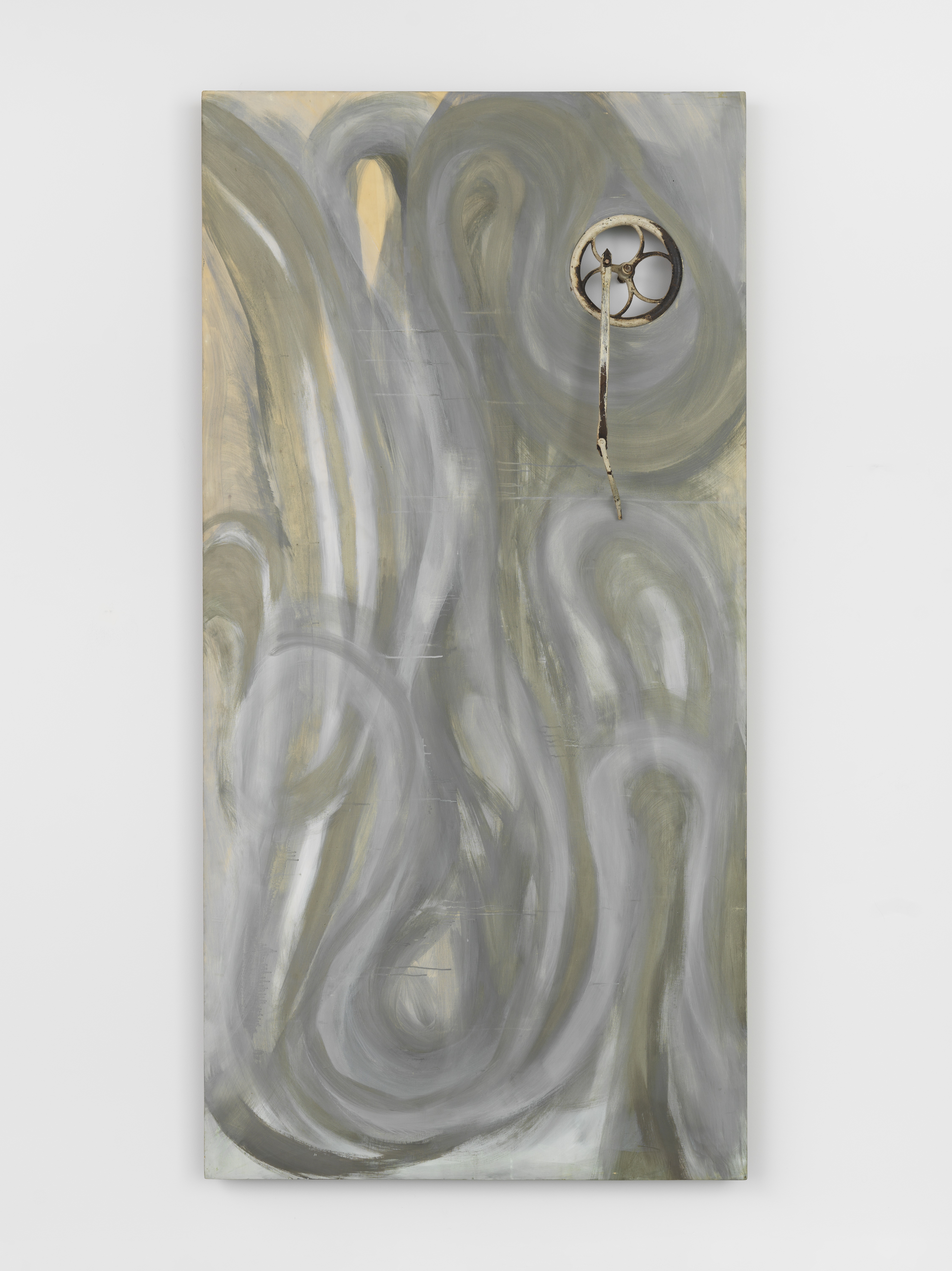 Moira Dryer, The Ghost and The Machine, 1987, Casein on wood, found metal object, 96 x 49 1/2 x 6 in.