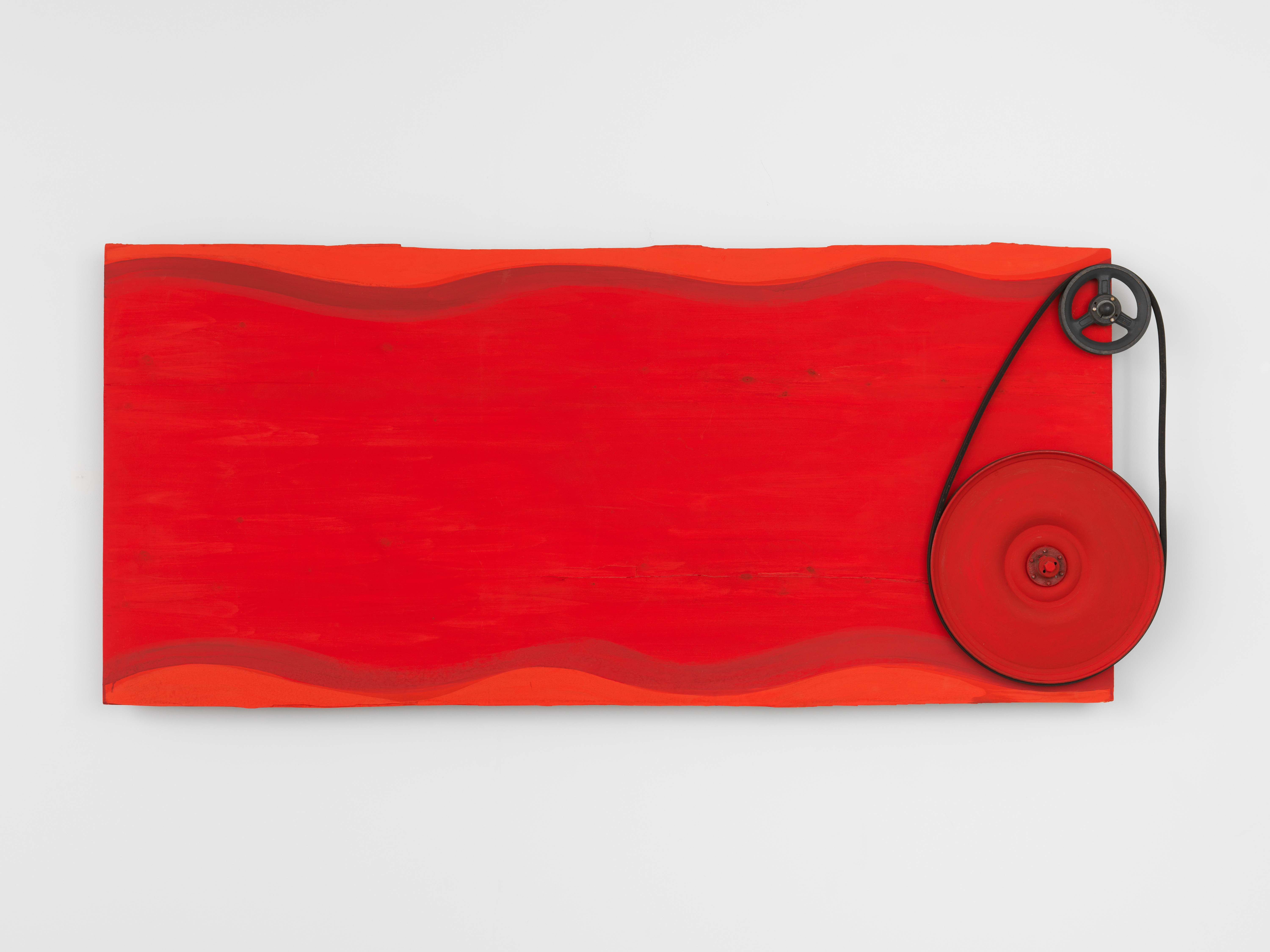 Moira Dryer, The Perpetual Painting, 1988, Casein and lacquer on auto parts and wood, 36 x 83 3/4 x 4 1/2 in.