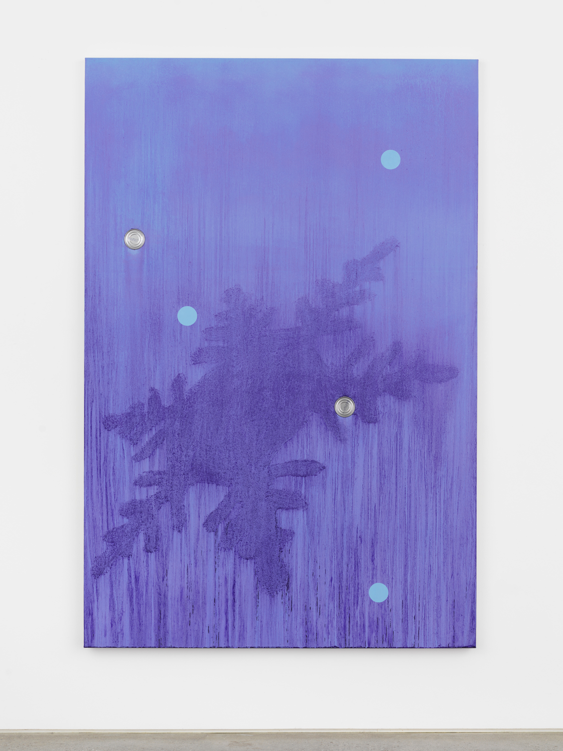 Alex Kwartler, Purple Snowflake (with tuna), 2019, Oil and pumice on linen with aluminum can, 72h x 48w in.