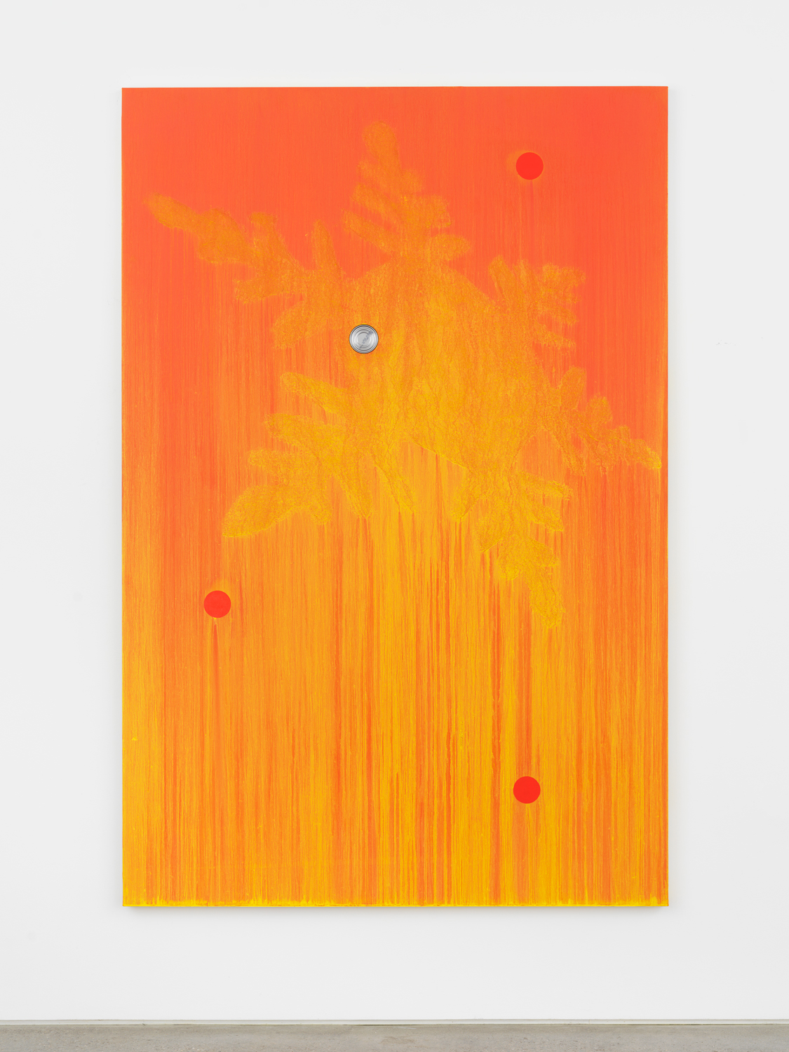 Alex Kwartler, Yellow Snowflake (with tuna), 2019, Oil and pumice on linen with aluminum can, 72h x 48w in.