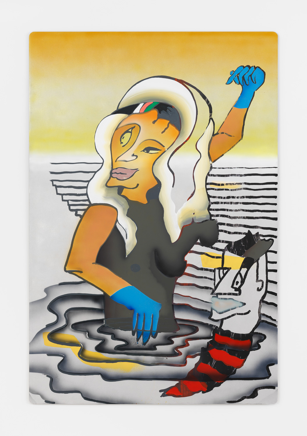 Melissa Brown, The Fool, 2016, acrylic, flashe, oil, resin, and silkscreen on corrugated aluminum, 60h x 40w in.