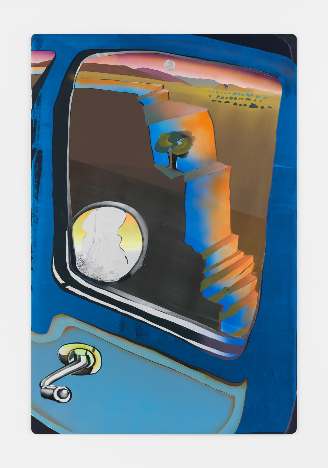 Melissa Brown, The Ridge, 2016, acrylic, flashe, oil, resin, silkscreen and lottery scratch-off ink on corrugated aluminum; scratch off area by Maria Petschnig, 60h x 40w in