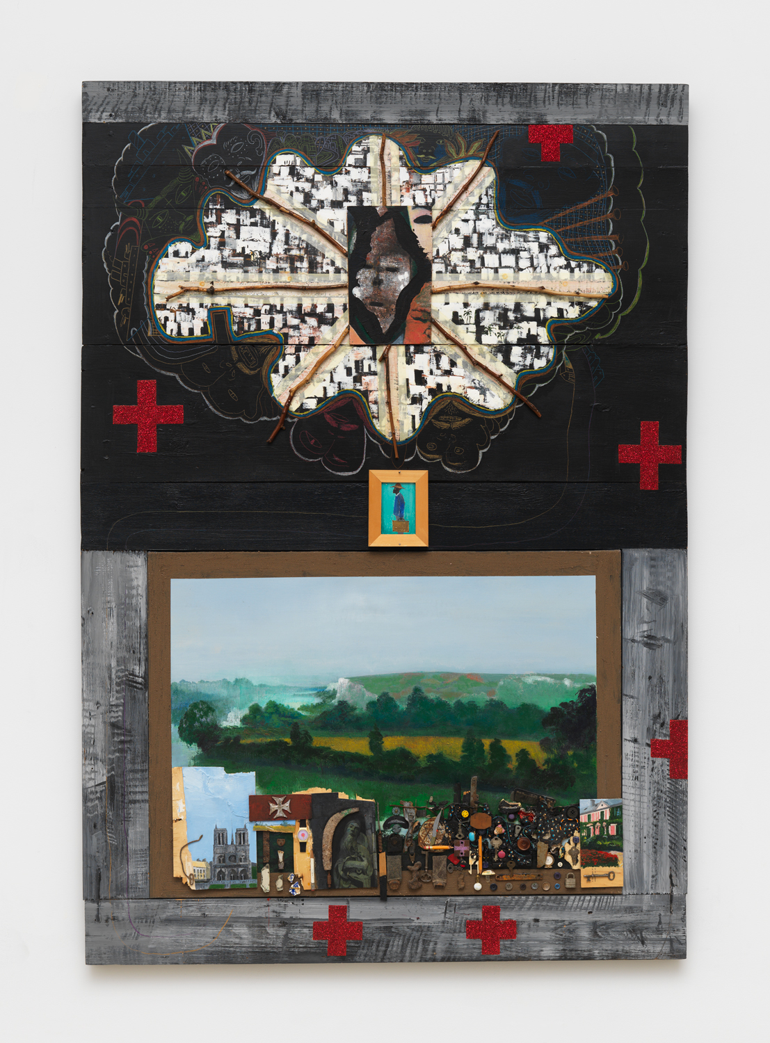 Paul Gardère, Voyage to Ile de France, 2000, Acrylic, glitter, mud, pastel, framed pastel drawing on paper, masking tape, and found objects on black silk, canvas, and wood, 73 x 50 1/4 x 2 1/4 in.