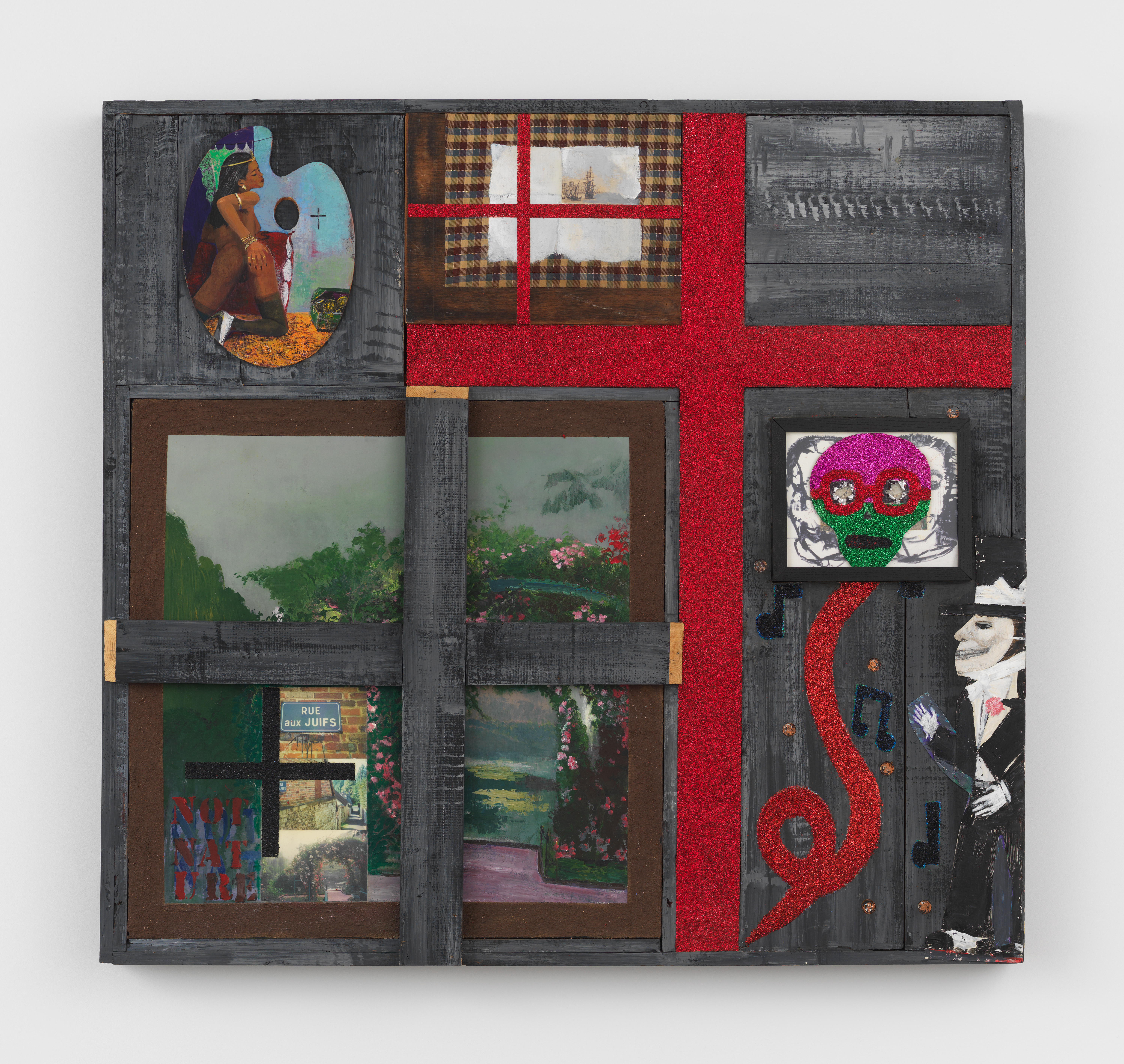 Paul Gardère, Giverny Revisited, 1997, Acrylic, glitter, mud, fabric, tin, framed C-prints, and pennies on black silk, canvas, and wood, 48 x 52 x 4 in.