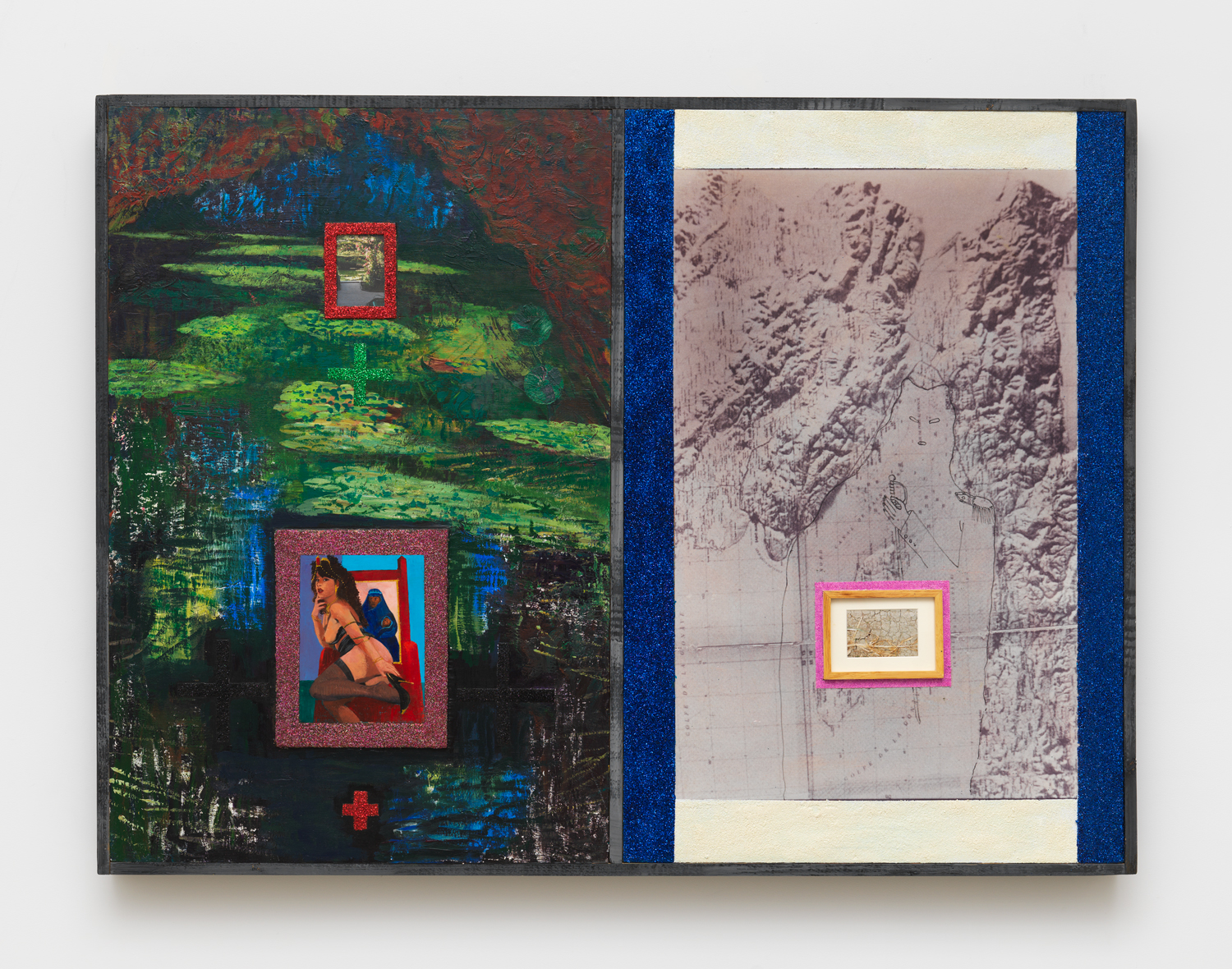 Paul Gardère, Sisters, 1996, Acrylic, glitter and framed and matted C-prints on canvas and wood, 49 3/4 x 66 1/2 x 3 3/4 in.