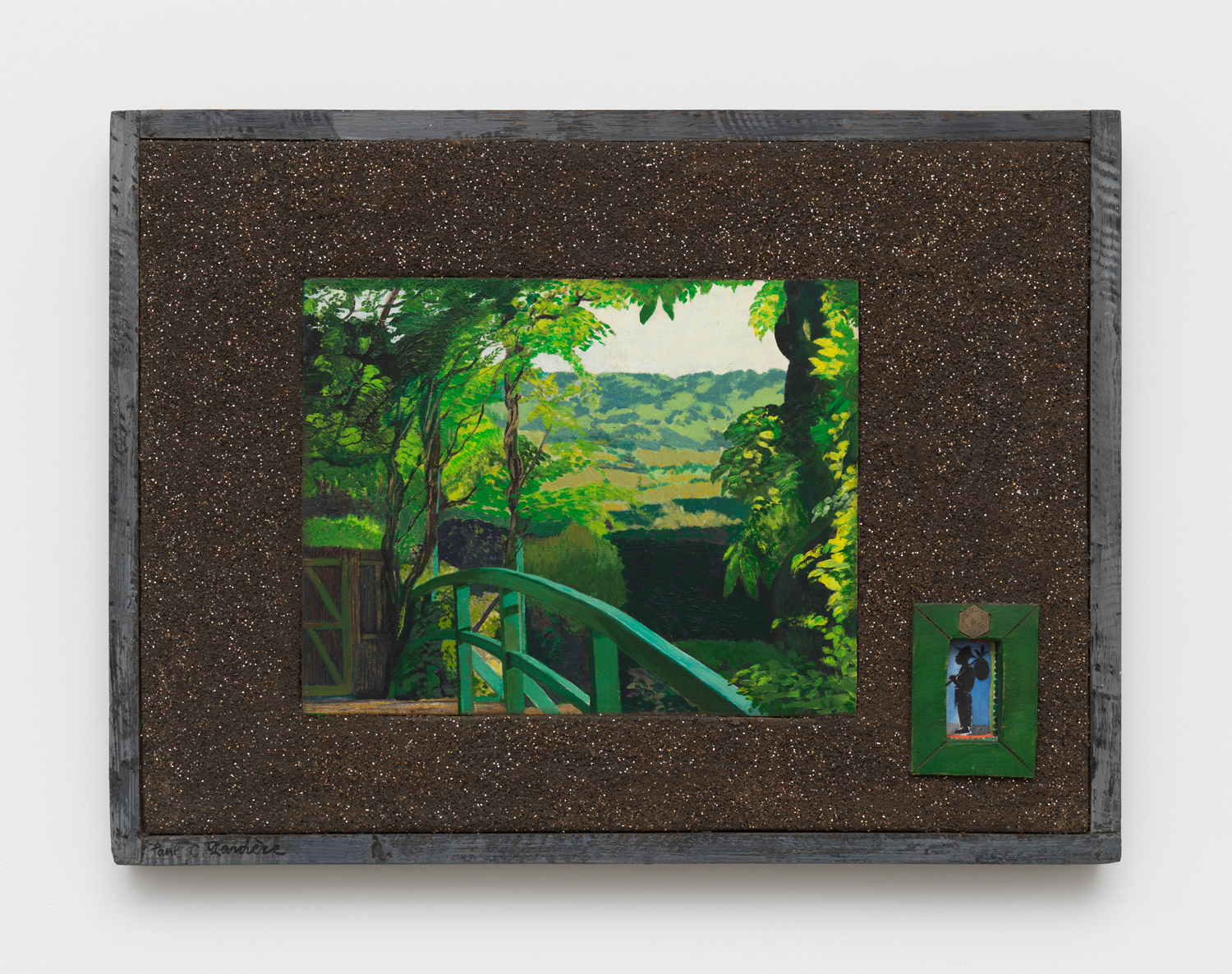 Paul Gardère, Le Pont, 1995, Acrylic, mud, and glitter with gouache on paper in ready-made wood frame, on wood, 19 x 25 1/2 in.
