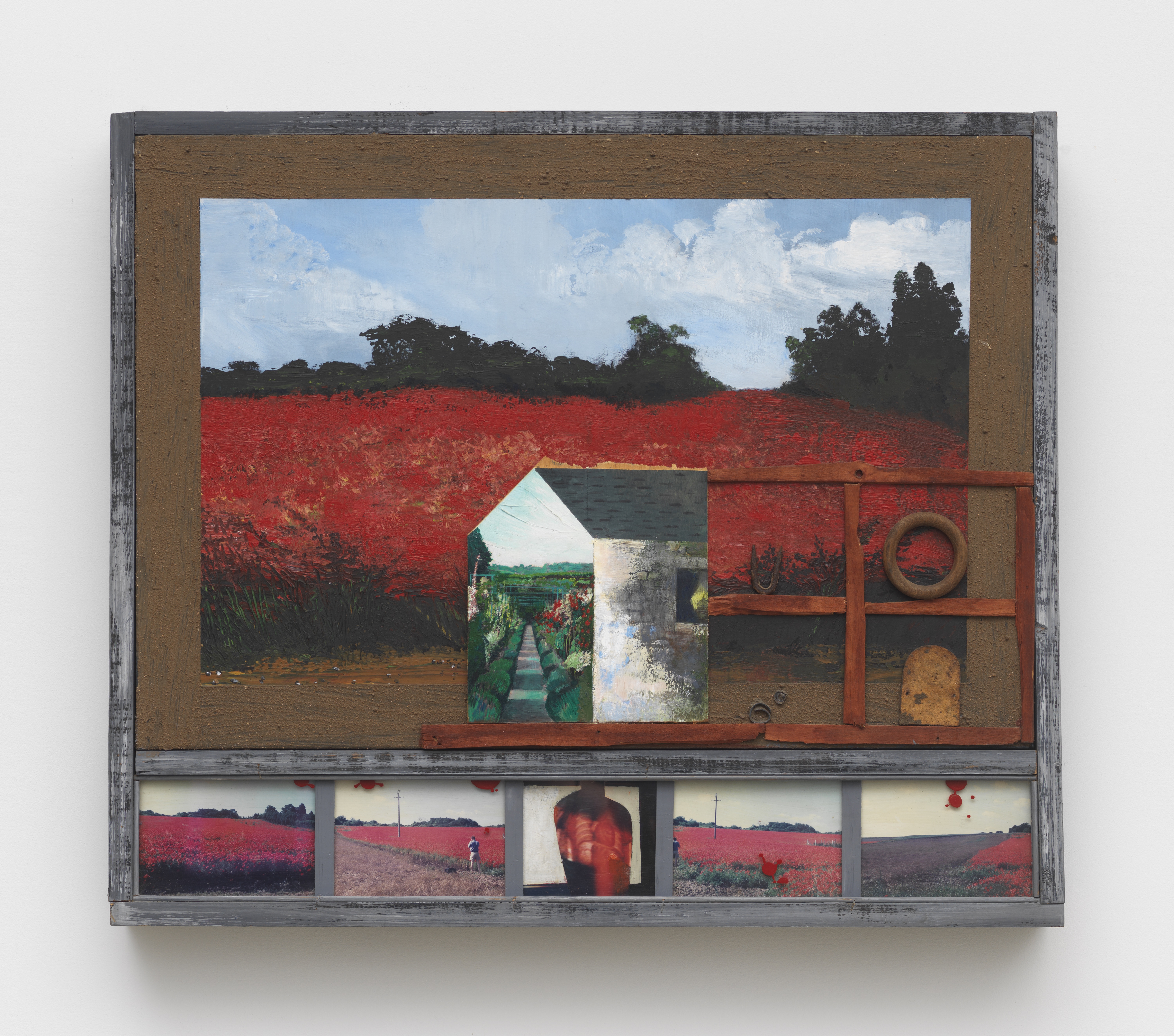 Paul Gardère, Red Poppies, 1994, Acrylic, mud, C-prints, plexiglass and found objects on black silk, canvas, and wood, 26 x 30 1/2 x 4 in.