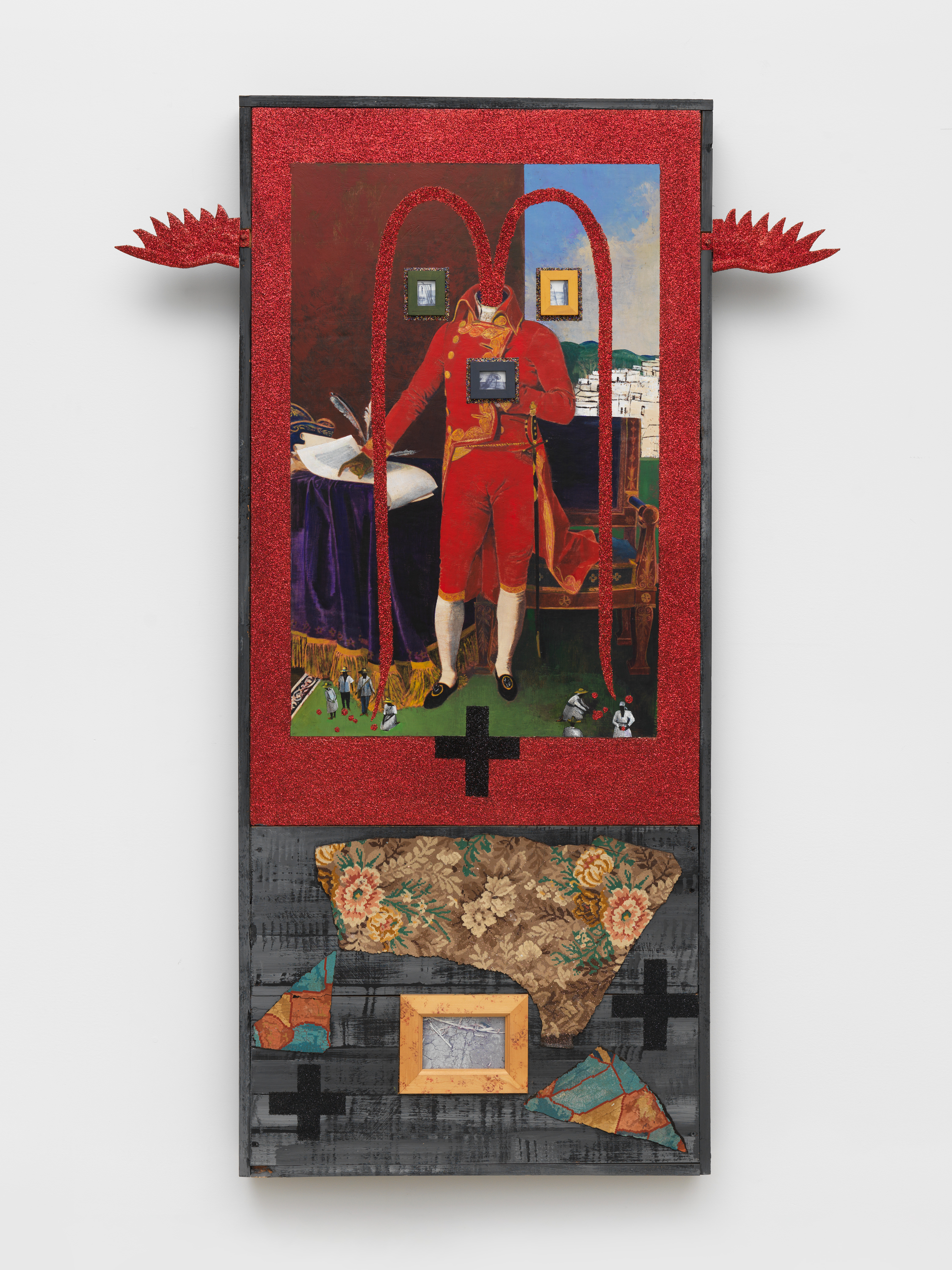 Paul Gardère, The Legacy, 2000, Acrylic, glitter, digital print, linoleum, and framed C-prints on wood, 72 x 48 1/2 x 4 in.