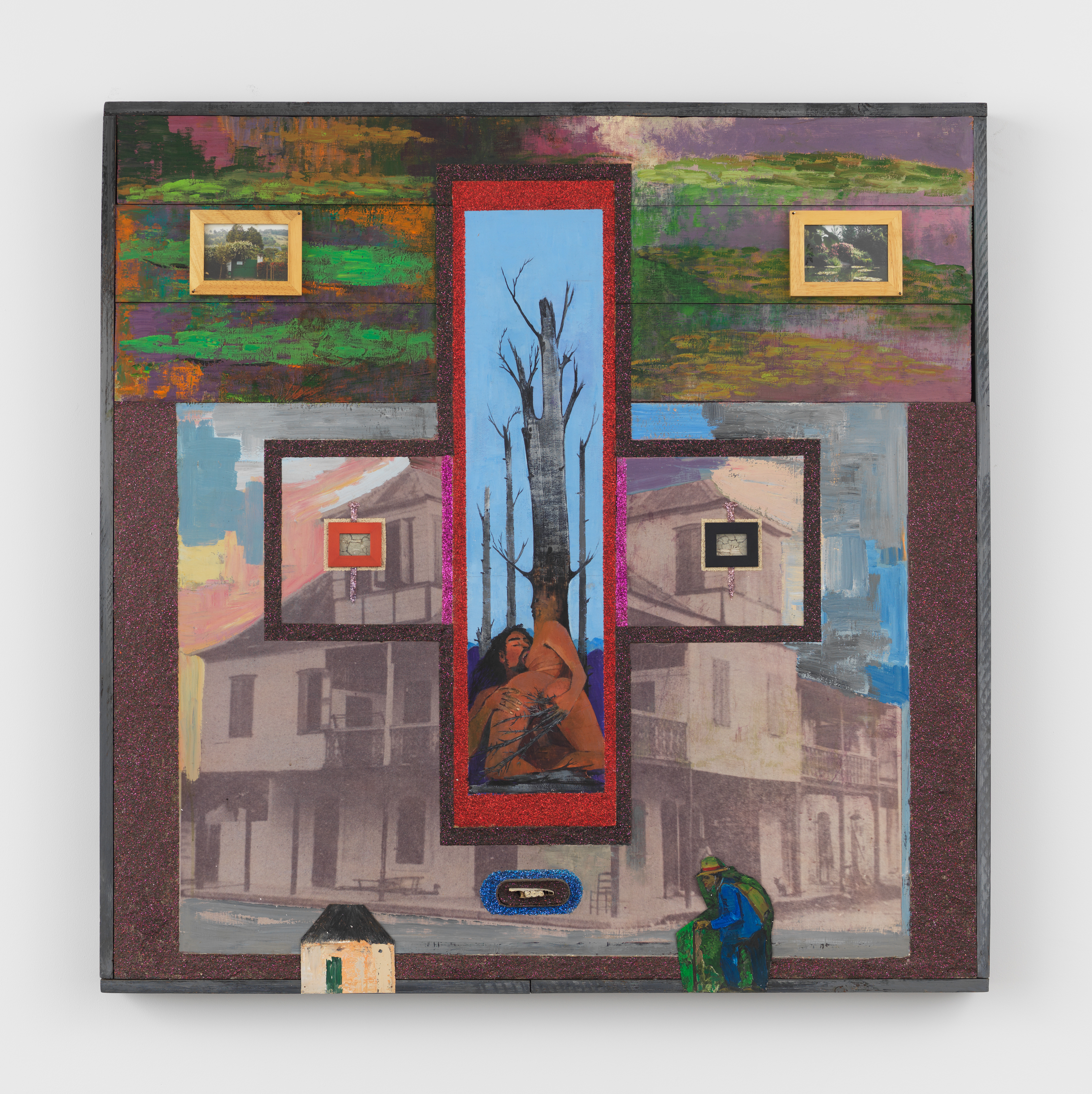 Paul Gardère, A House in 3 Worlds, 1996, Acrylic, glitter, digital print, framed C-prints, tin, and found objects on wood, 49 x 48 x 3 1/2 in.