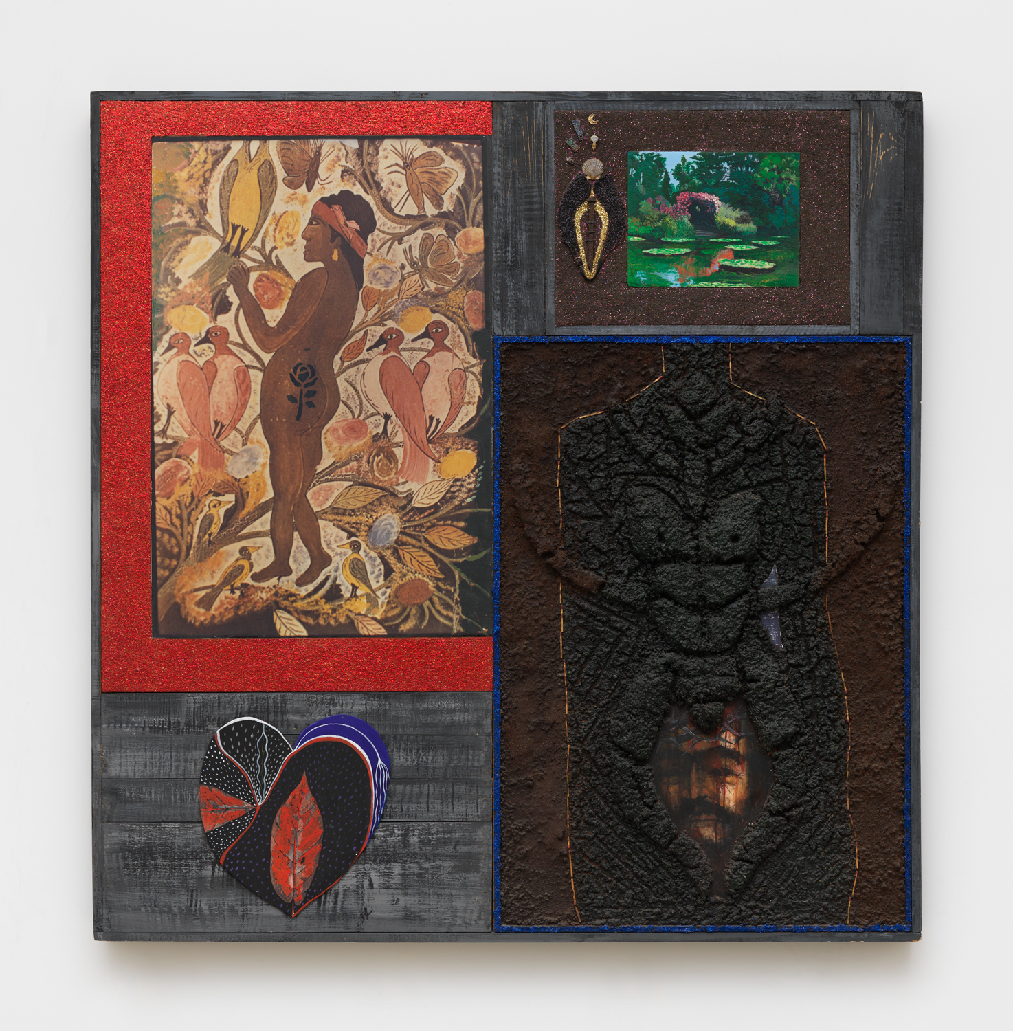 Paul Gardère, The Rose Tattoo, 2000, Acrylic, mud, glitter, digital print and found objects on wood, 70 x 60 x 4 in., Image courtesy of the Estate of Paul Gardère. Work © The Estate of Paul Gardère.