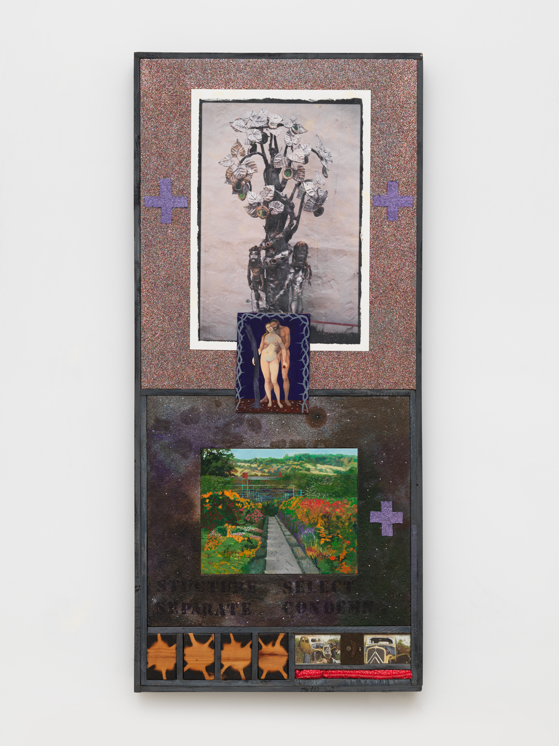 Paul Gardère, The Iron Garden, 2000, Acrylic, glitter, mud, digital print, C-prints, plexiglass, fabric, charred wood and found objects on canvas and wood, 81 x 36 1/2 x 3 3/4 in.