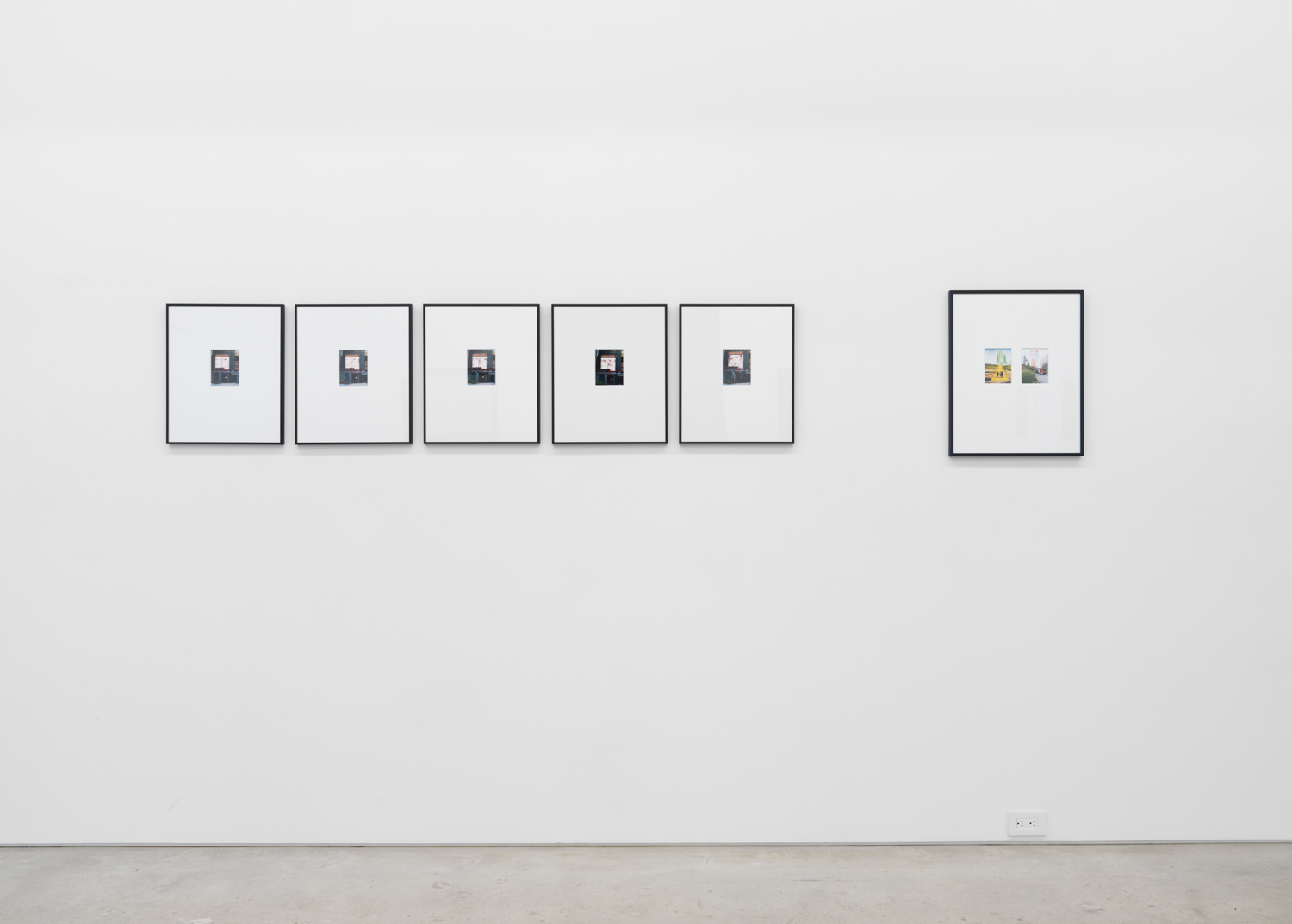 Peter Scott, Untitled (High Line Oz) #1-5 (left), 2018, inkjet prints, each 4.75h x 3.75w in.  Peter Scott, Untitled (Lookalikes) (right), 2018, two framed inkjet prints, 20.50h x 16.50w in.