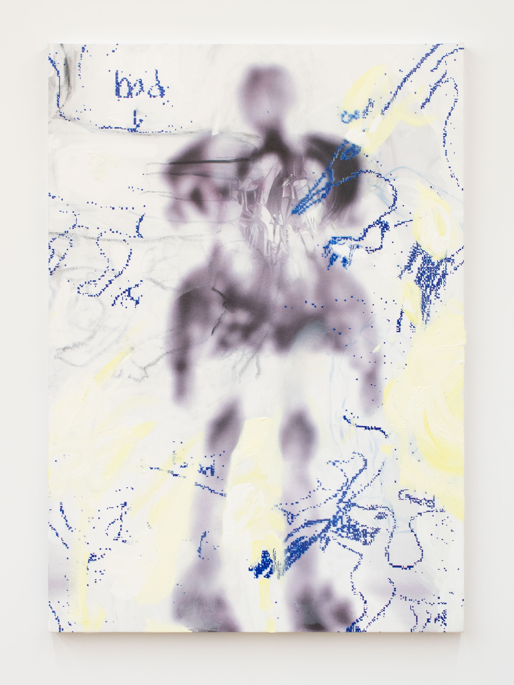 Rachel Rossin, Companion with Good against Bad. Age 10., 2023, Oil stick, charcoal, acrylic oil and UV ink on canvas, 48 x 34 x 1 1/4 in.