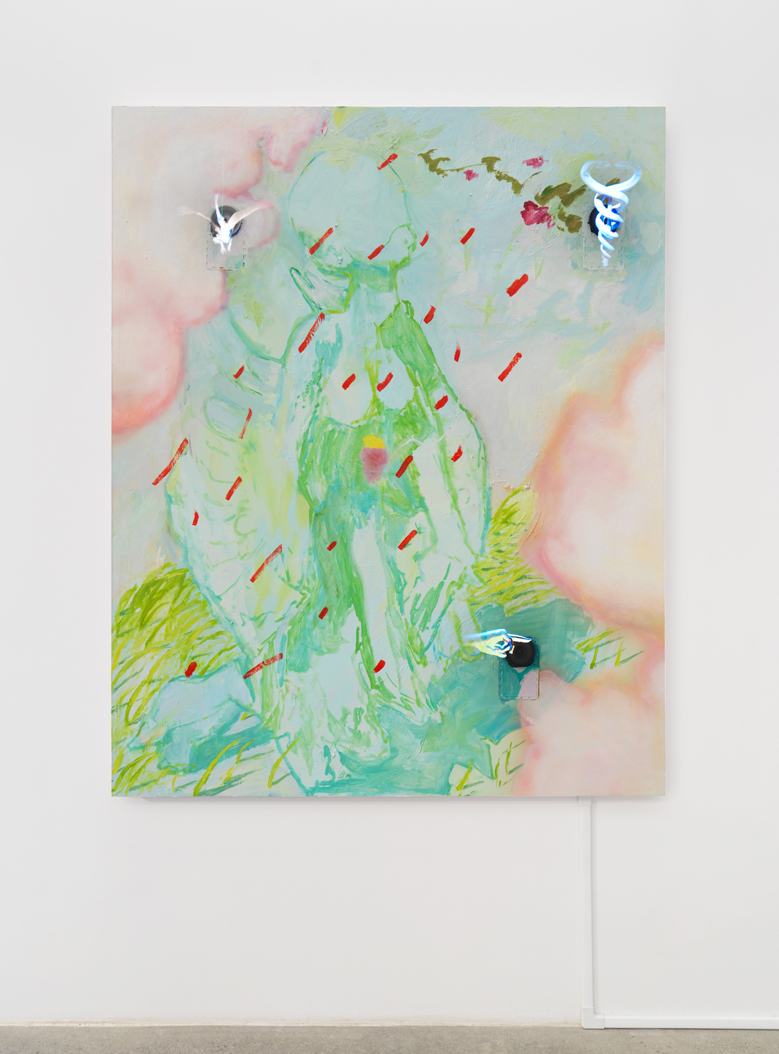 Rachel Rossin, Sub, 2021, Oil, airbrushed acrylic, and enamel on panel with embedded holographic display, 60h x 48w in.
