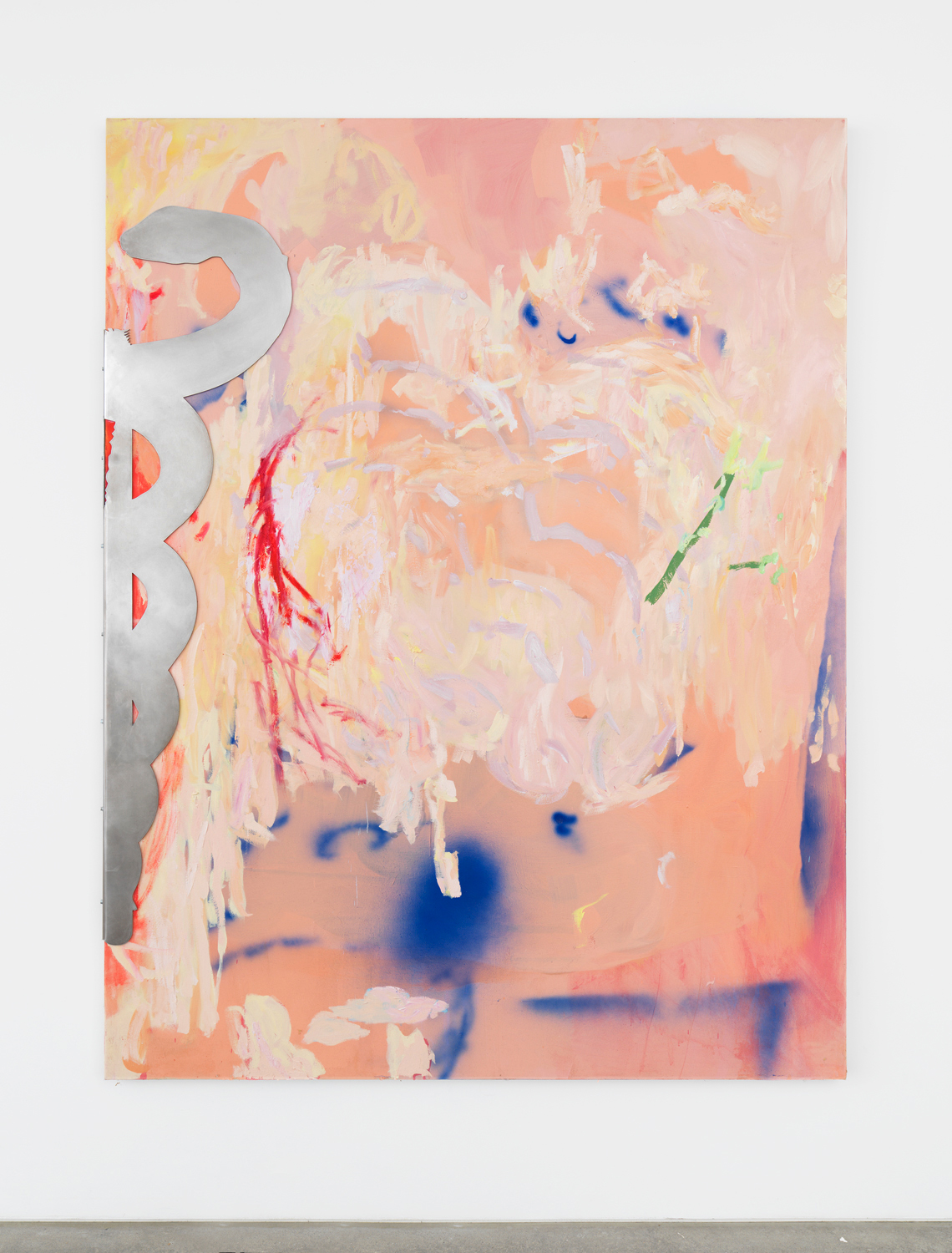 Rachel Rossin, Caduceus with a New Vein Thicket, 2021, Oil, acrylic, airbrushed acrylic, spray paint, enamel and aluminum on canvas, 78.25h x 60w in.