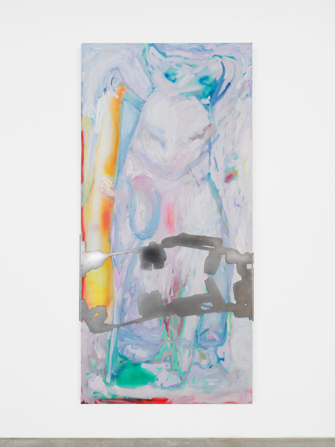 Rachel Rossin, Set Elements for a Tome To Me, 2021, Oil, airbrushed acrylic, airbrushed oil, and aluminum on canvas, 84h x 40w in.