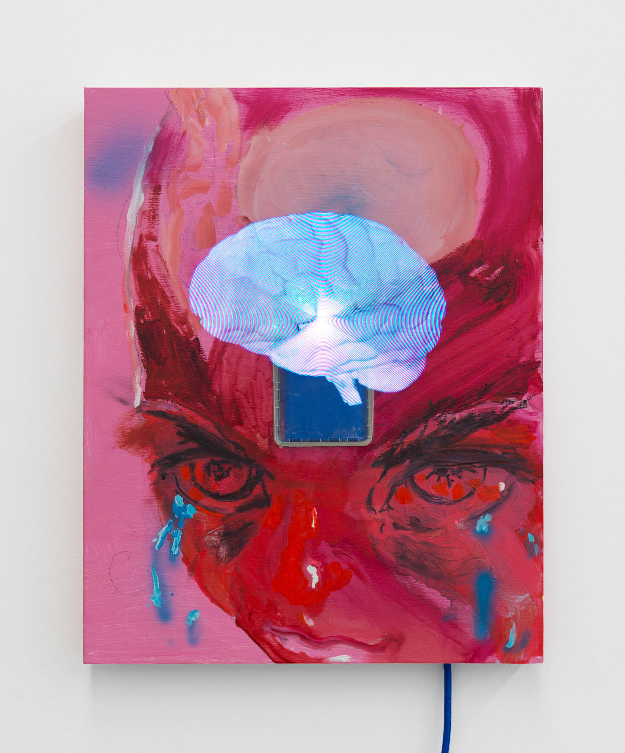 Rachel Rossin, Boo-hoo (brain), 2020, Oil, airbrushed acrylic, and graphite on panel with embedded holographic display, 20h x 16w in.