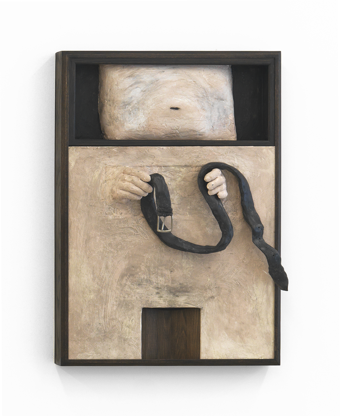 Dan Herschlein, A Belt in Near Dark, 2016, wood, plaster, casein paint, joint compound, wax and belt buckle, 33h x 23w x 7.5d in.