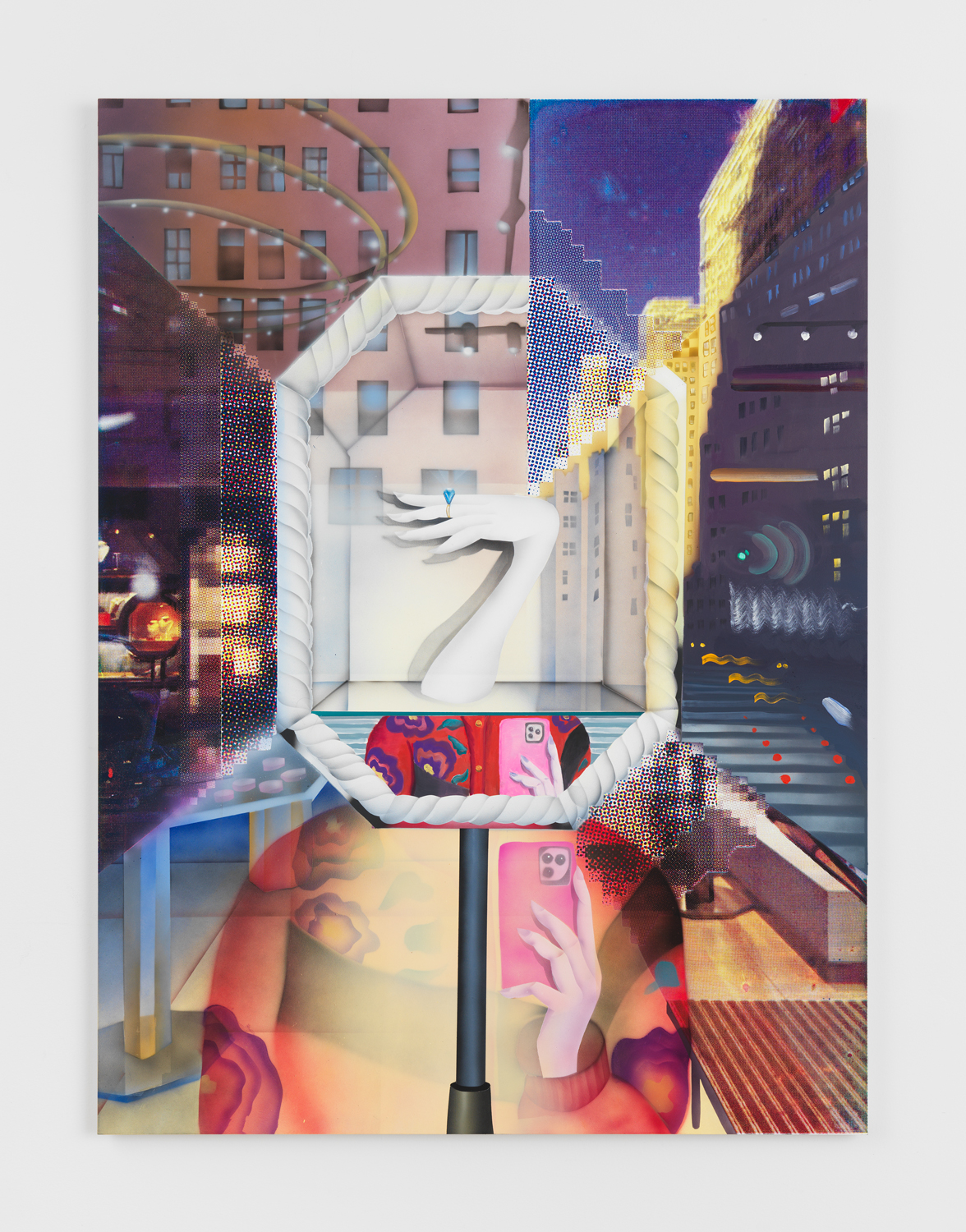 Melissa Brown, Window Shopping, 2025, Flashe, cmyk screen-print, acrylic and oil on dibond, 54 x 40 in.