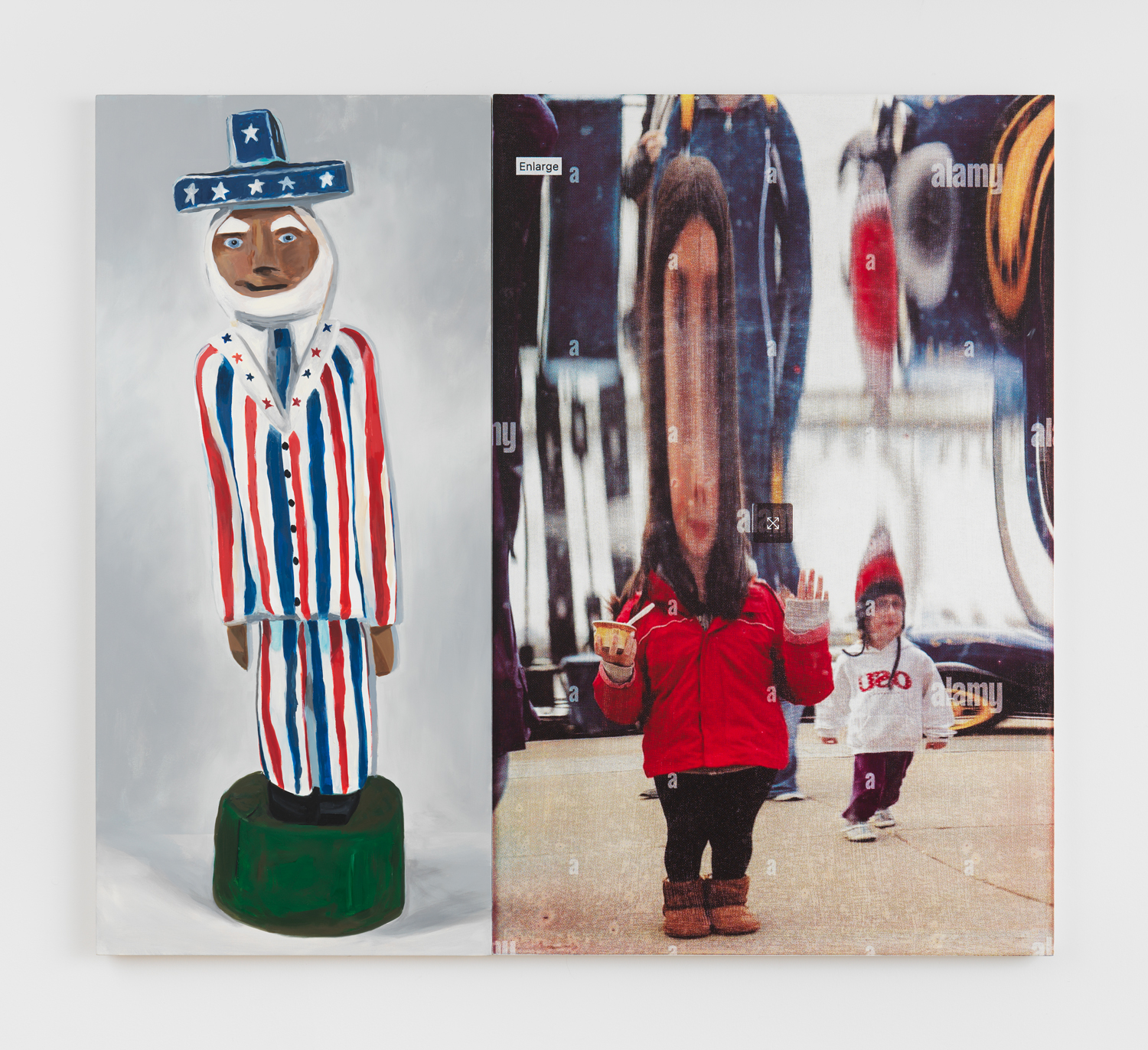 Julia Wachtel, Uncle Sam, 2024, Oil and acrylic on canvas with screen printed panels and hand painted oil panels, 54 x 61 in.