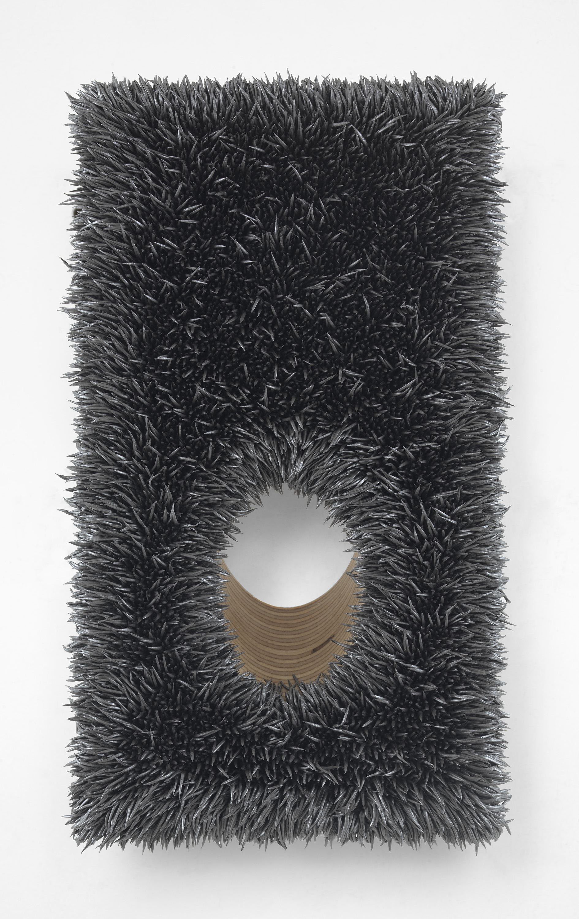 Donald Moffett, Lot 040117 (45° hole, pewter), 2017, oil on linen, wood panel, steel, 12.25h x 7.50w x 6.25d in. Courtesy of the artist and Marianne Boesky Gallery, New York and Aspen. © Donald Moffett. Photo Credit: Christopher Burke Studios.