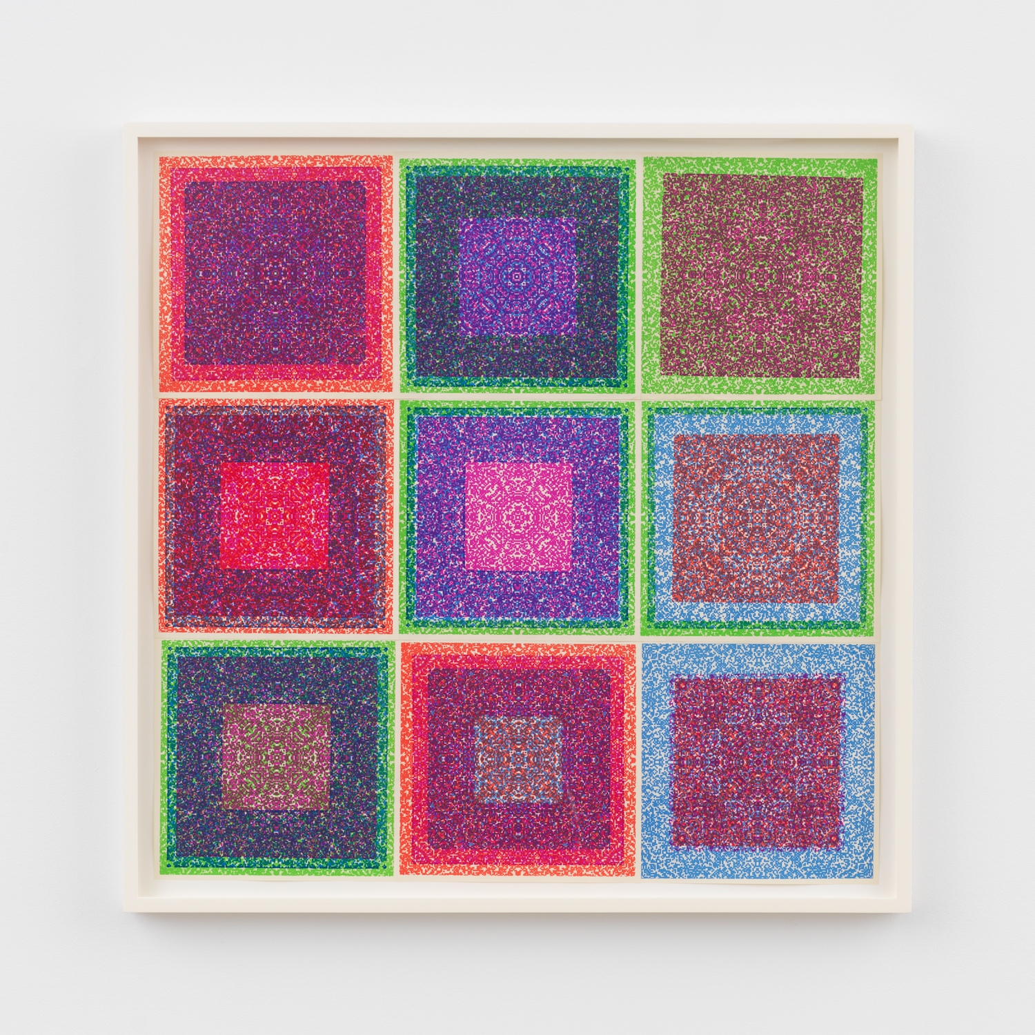 Stan VanDerBeek, Moveable Mandala, 1976, 9 Color silkscreens. Computer graphics from Poemfield series., Paper size: 25 1/2 x 25 1/2 in., Framed: 26 5/8 x 26 5/8 x 1 1/2 in.