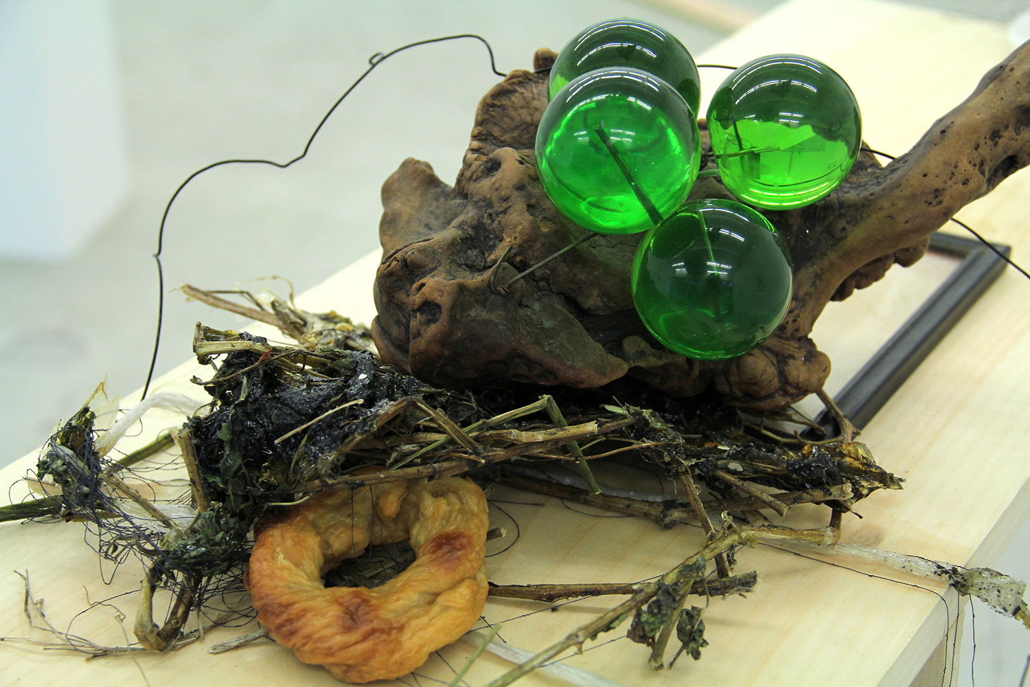 Ryan Foerster and Hannah Buonaguro, and the people sat down to eat and (detail), 2017, wood, glass, paint, linoleum, c-prints, duct tape, string, wax, paper, plastic, fabric, wire, polyurethane, tomato plants, bagel