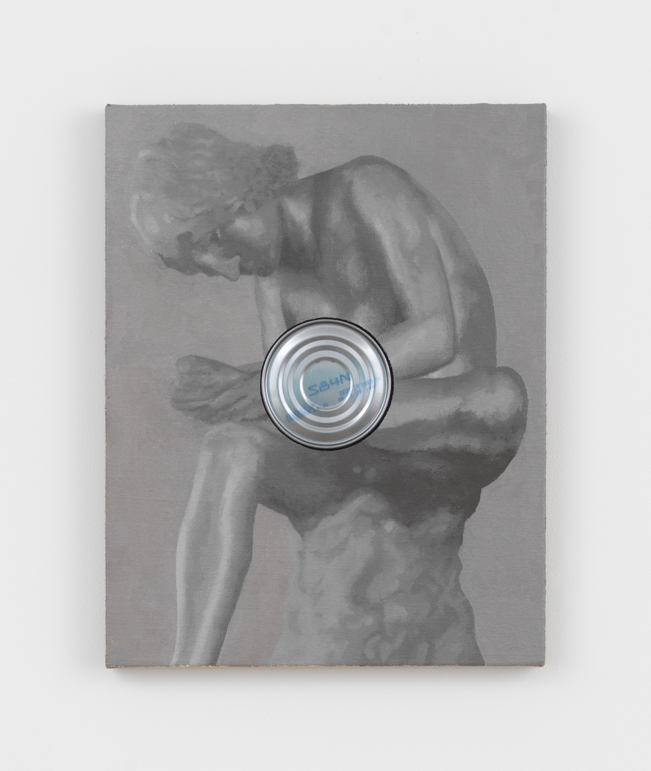 Alex Kwartler, Spinario (w tuna), 2024, Oil on panel with aluminum can, 14 x 11 in.