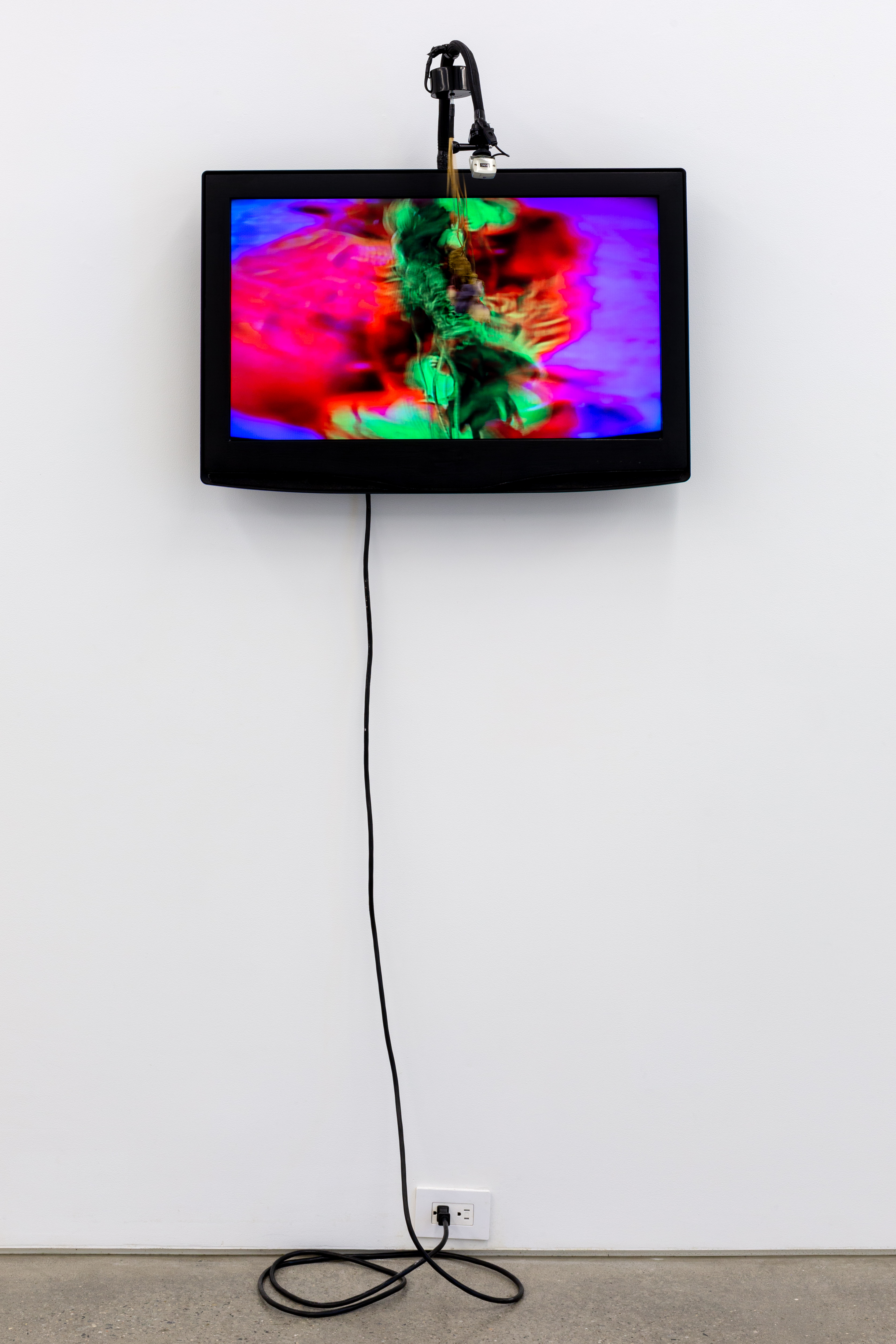 Les LeVeque, Recycling/Upcycled/Feedback #1, 2020, Preserved dried flowers, CCTV camera, flexible camera mount, electric motor, used flat screen
television, spray paint, wires, electrical tape, live video signal, 31h x 29w x 21d in.
