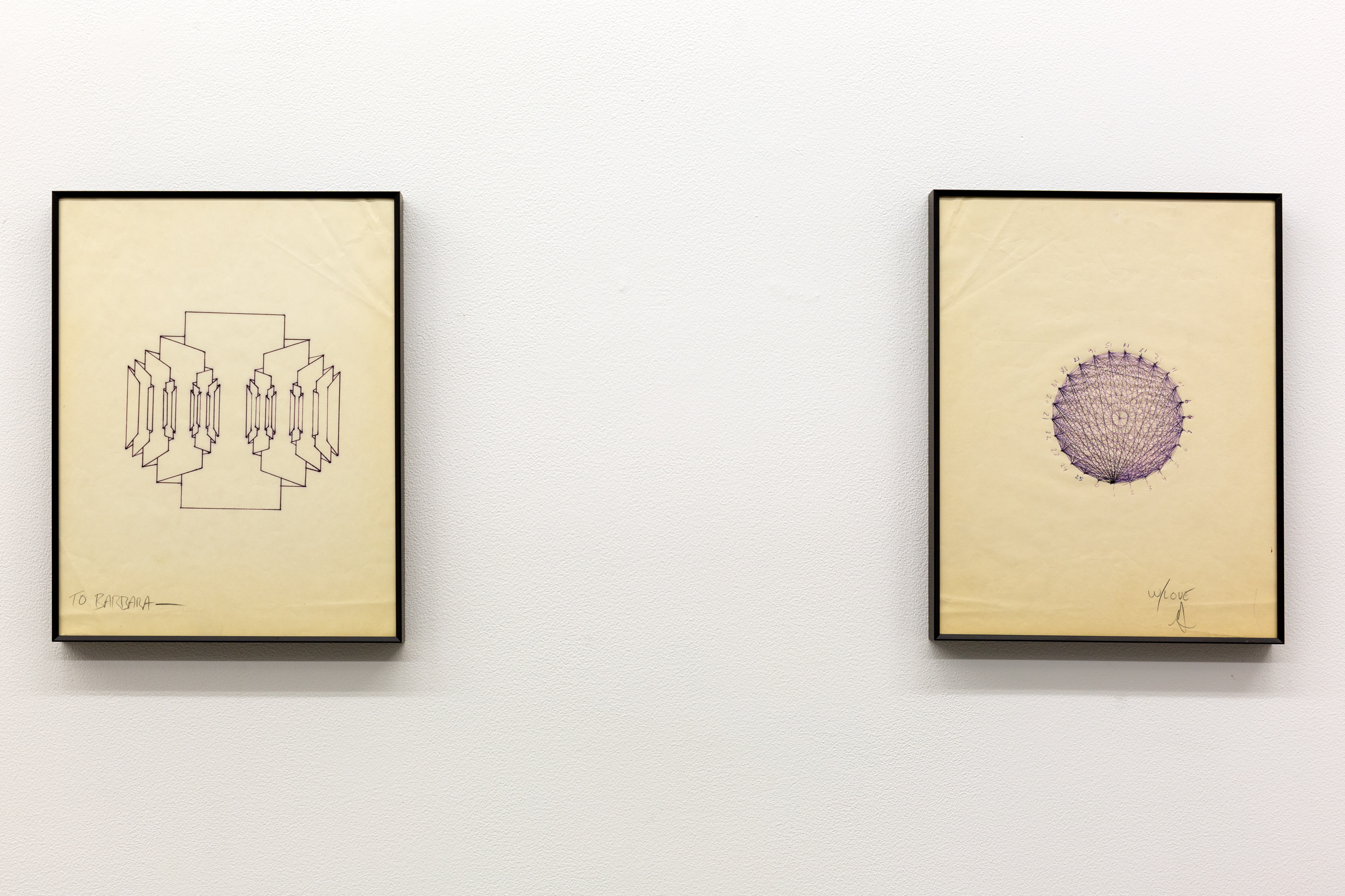 Glenn Branca, Untitled (to Barbara), c. 1980s, Ink on paper, 11h x 8.50w in. (Left) and Untitled (w/love), c. 1980s, Ink on paper, 11h x 8.50w in.